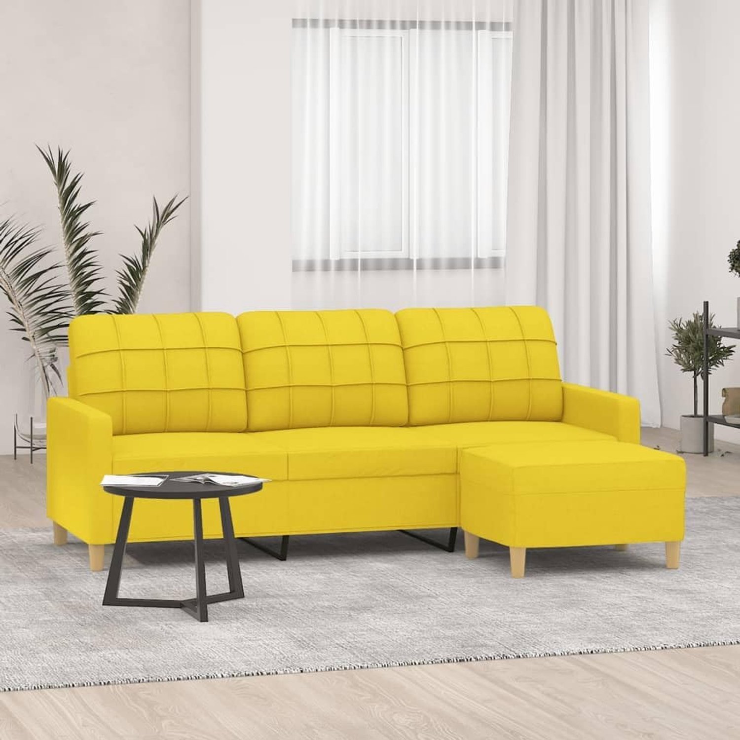 3-zitsbank met kruk in lichtgeel, 180 cm, stoffen bekleding, robuust frame en dikke bekleding voor een comfortabele zitervaring, veelzijdige voetenbank als extra zitting