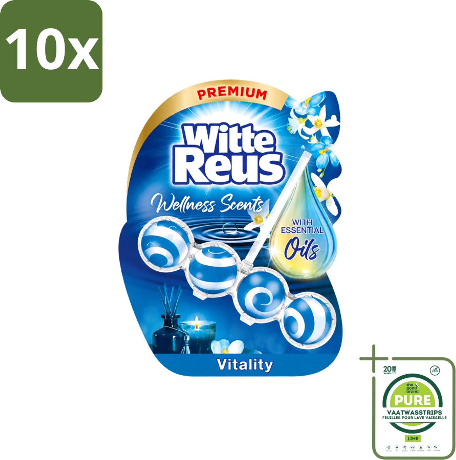 10 x Witte Reus - Wellness Scents Toiletblok - Vitality - 1 Toiletblok - Grootverpakking - Vaatwasstrips - Toilet - Reiniging - Geur - Wellness - Essentiële Oliën