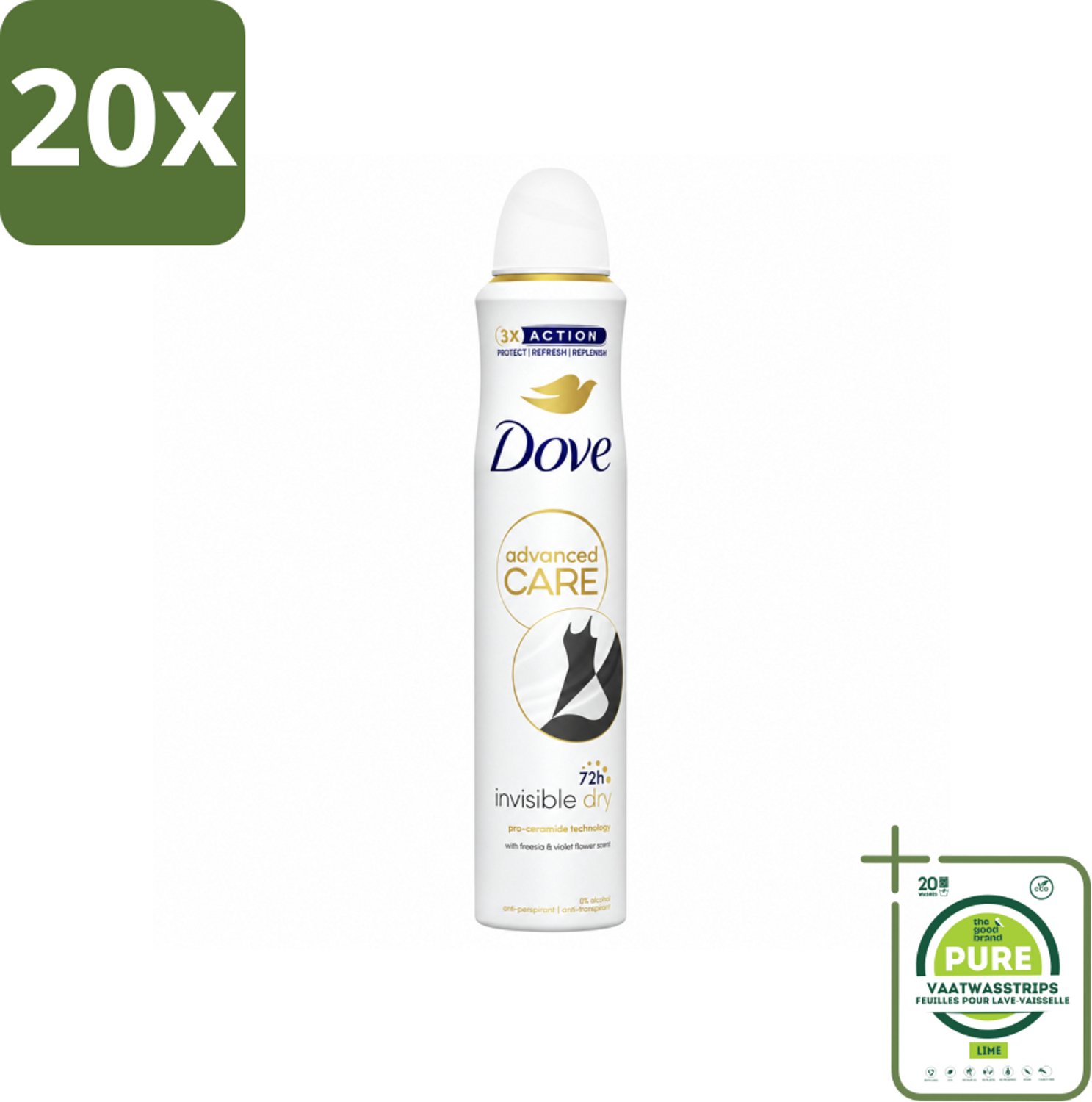 20 x Dove Deodorant Spray - Invisible Dry - 200 ml - Grootverpakking - Vaatwasstrips - Dove Deodorant Spray - Onzichtbare Deodorant - Zweetvermindering - Lichaamsgeur - Okselbescherming