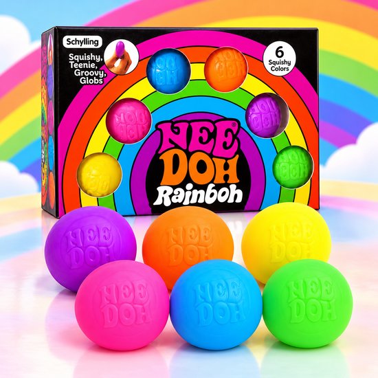 Zes NeeDoh Teenie Rainbow knijpballen voor een regenboogdoos met de tekst '6 Squishy Colors'.