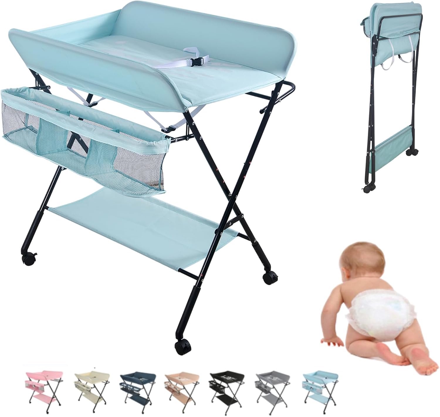 Inklapbaar, afneembare luiertafel met kleppen en opbergmand, draagbaar, in hoogte verstelbaar, voor baby's (lichtblauw, 80 x 66 x 98 cm)