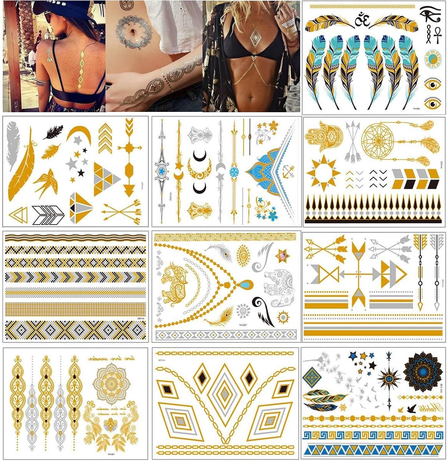 Tijdelijke tatoeages voor meisjes, gouden tatoeages, voor vrouwen, metallic tatoeages, voor volwassenen, kinderen, feesten, festivals