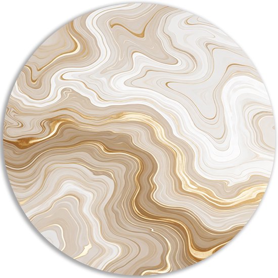 Close-up van een ronde wandcirkel met een golvend abstract patroon in tinten van crème, beige en glanzend goud.