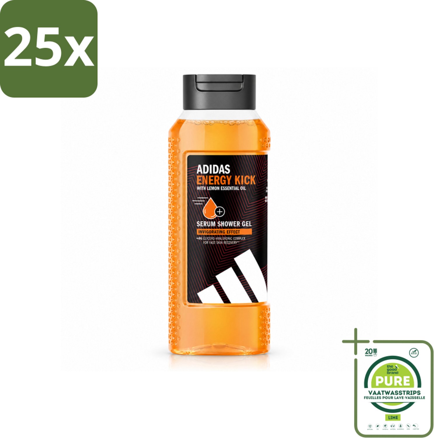 25 x Adidas – Douchegel – Active Skin & Mind Energy Kick – 250 ml - Grootverpakking - Vaatwasstrips - Douche Gel - Energie - Frisheid - Citroen - Huidverzorging
