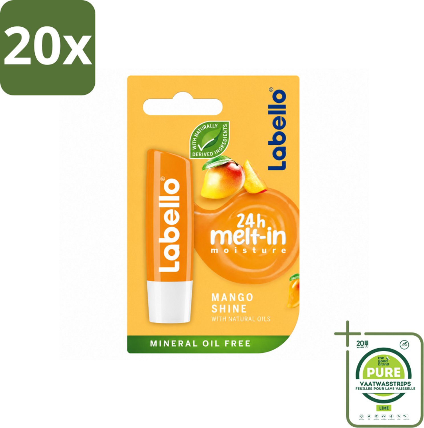 20 x Labello – Lippenbalsem -- Mango Shine – 4,8 g - Grootverpakking - Vaatwasstrips - Lippenbalsem - Mango Geur - Hydratatie - Natuurlijke Glans - Verzorging