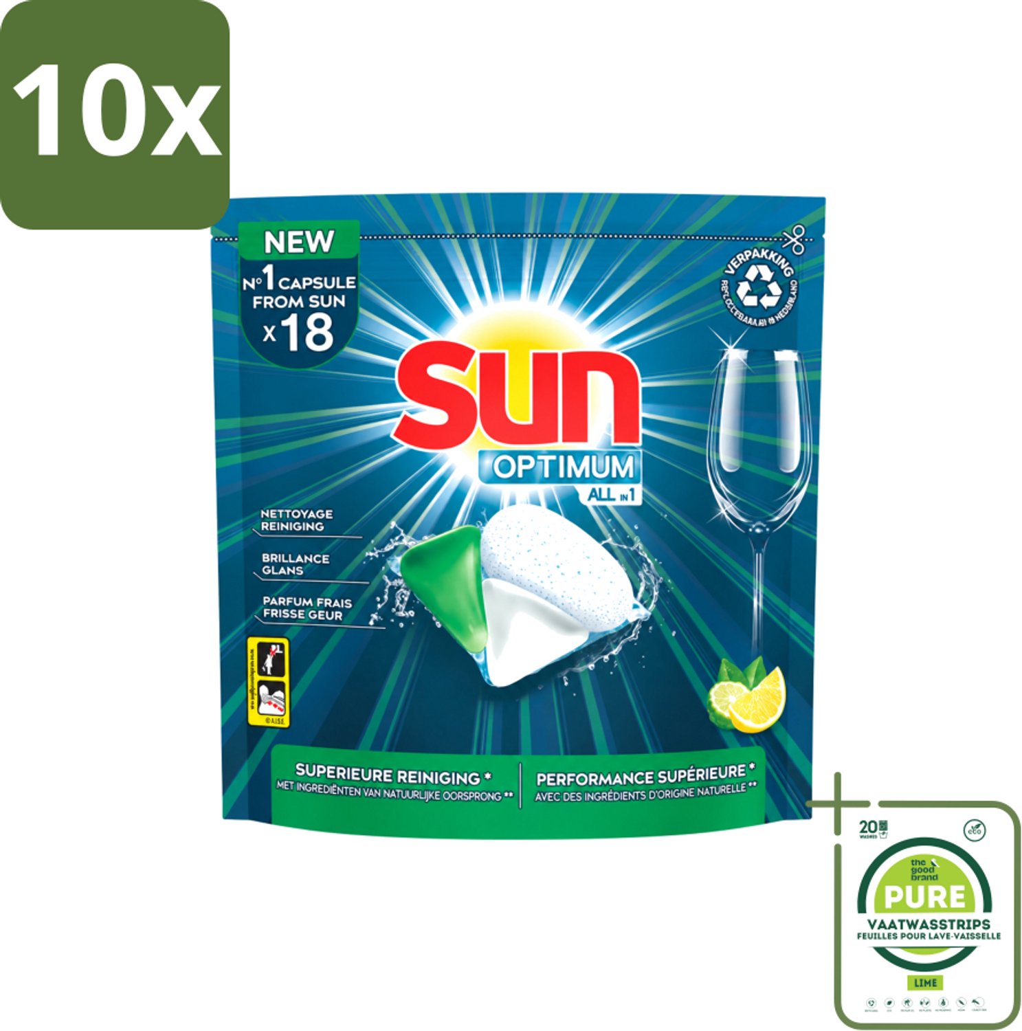 10 x Sun Optimum - All-in-1 - Vaatwasmiddel - Capsules - Citroen - 18 Capsules - Grootverpakking - Vaatwasstrips - Vaatwasmiddel - Vaatwascapsules - Citroen - Reiniging - Spoelglans