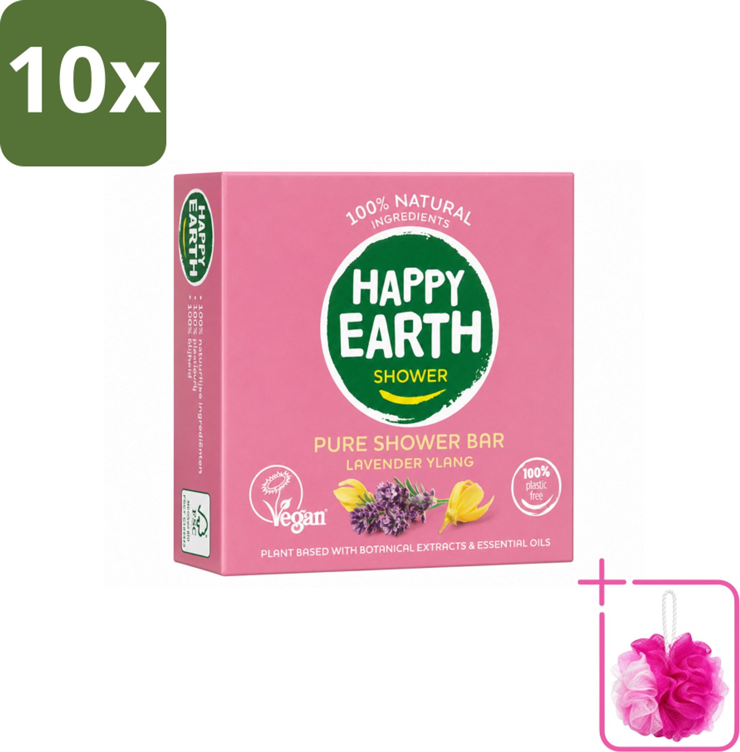 10 x Happy Earth – Shower Bar – 100% Natuurlijk Lavender Ylang – 90 g - Bulkverpakking - Douchegel - Douchemop - Natuurlijke douchegel