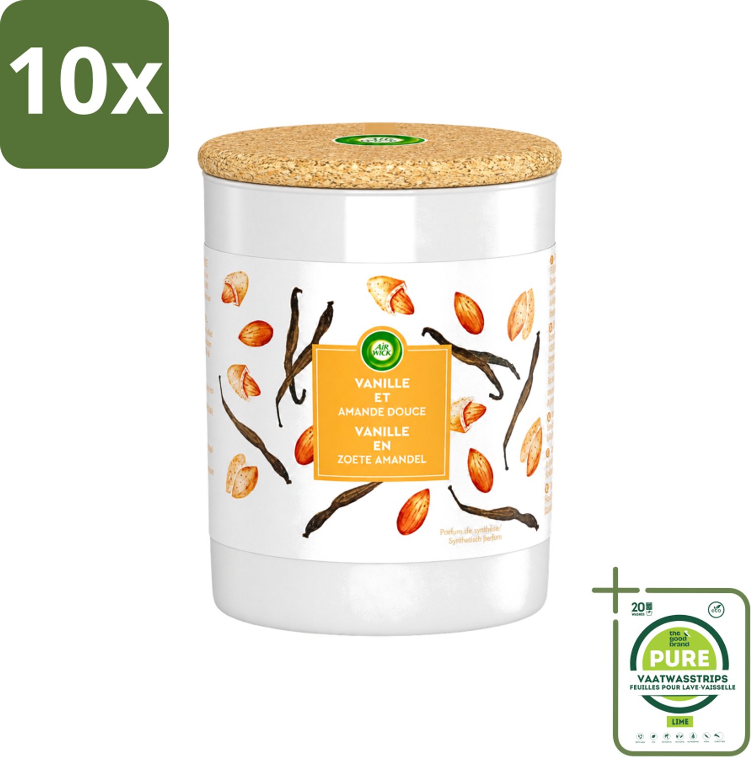 Air Wick 10 x Air Wick - Geurkaars - Vanille & Zoete Amandel - 35 Uur Brandduur - Grootverpakking - Vaatwasstrips - Geurkaars - Vanille - Amandel - Warme Geur - Sfeer Oranje