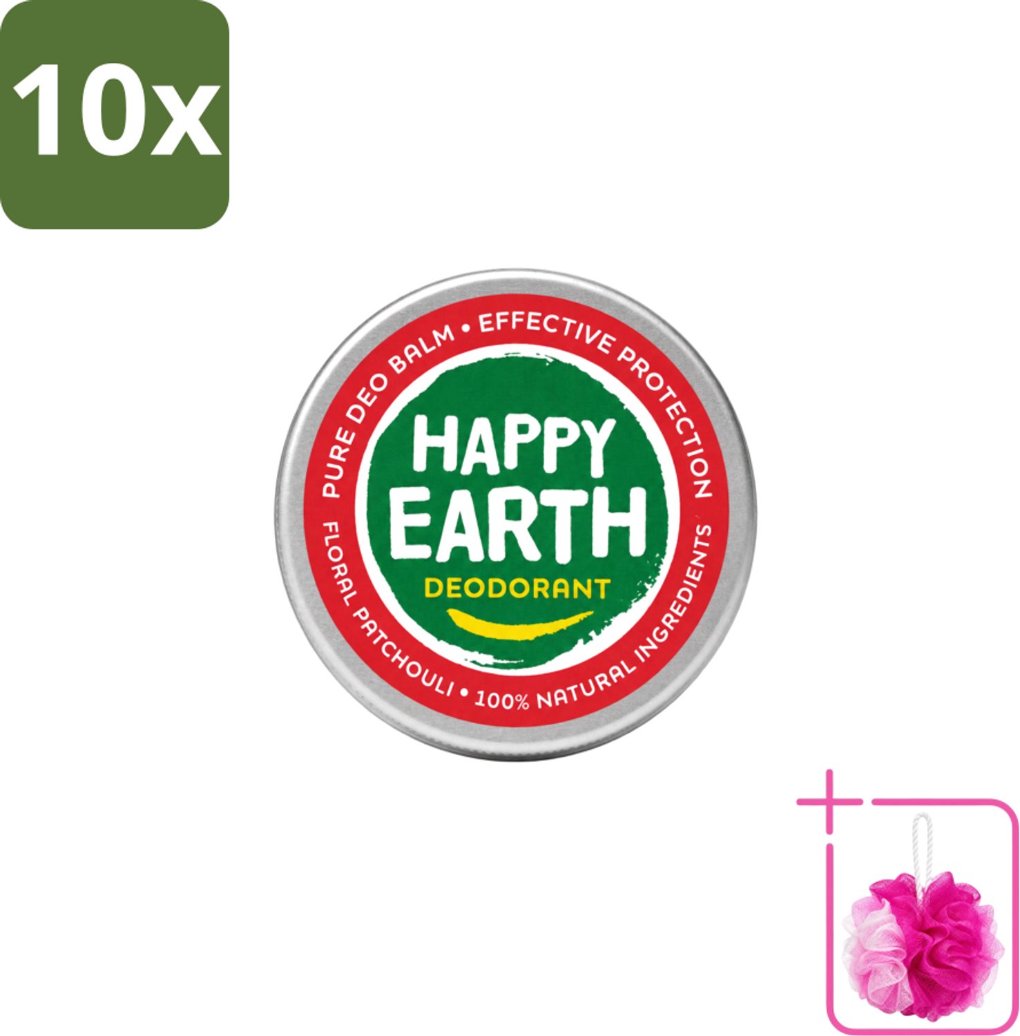 10 x Happy Earth – Deodorant Balm – 100% Natuurlijk Floral Patchouli – 45 g - Bulkverpakking - Deodorant balm - Douchemop - Natuurlijke deodorant