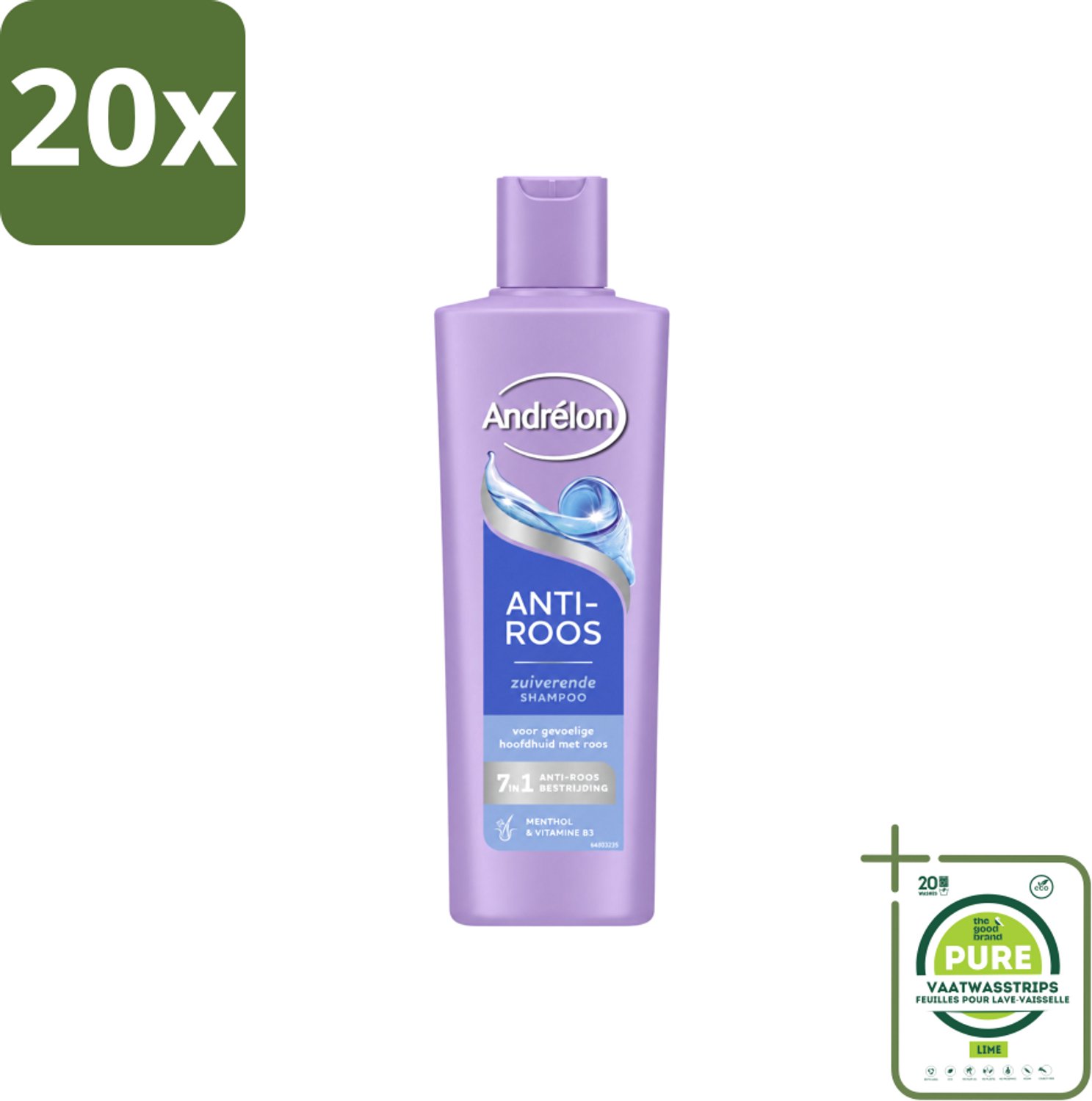 20 x Andrélon – Shampoo – Anti Roos – 250 ml - Grootverpakking - Vaatwasstrips - Roos Haar - Roos Hoofdhuid - Anti-roos Shampoo - Menthol Shampoo - Vitamine B3 Shampoo