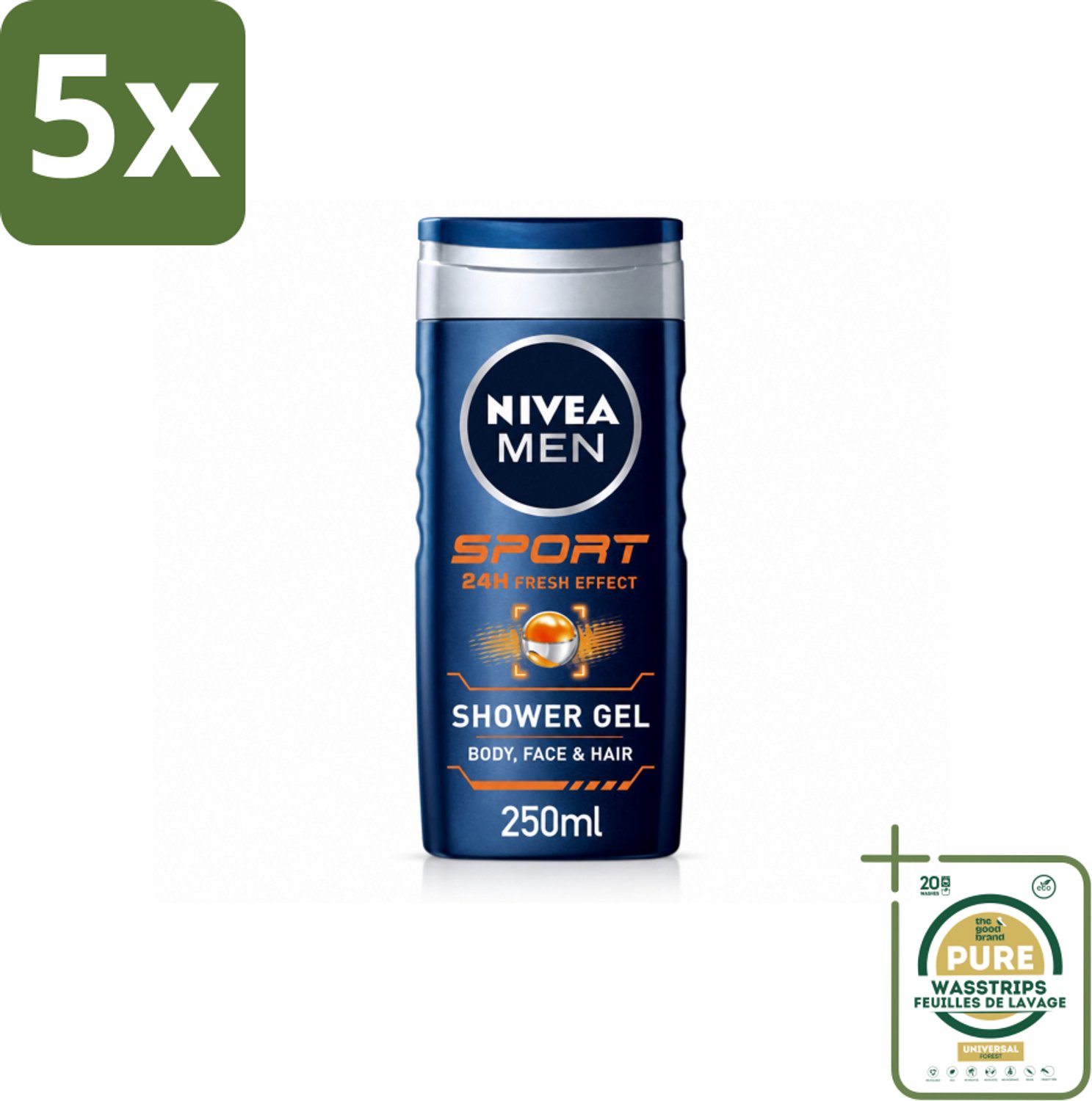 5 x NIVEA MEN – Douchegel – Sport – 250 ml - Wasstrips - Sportdouchegel - Fris Na Sporten - Verkoelend Na Inspanning - Sportgeur - Huid En Haar Verzorging