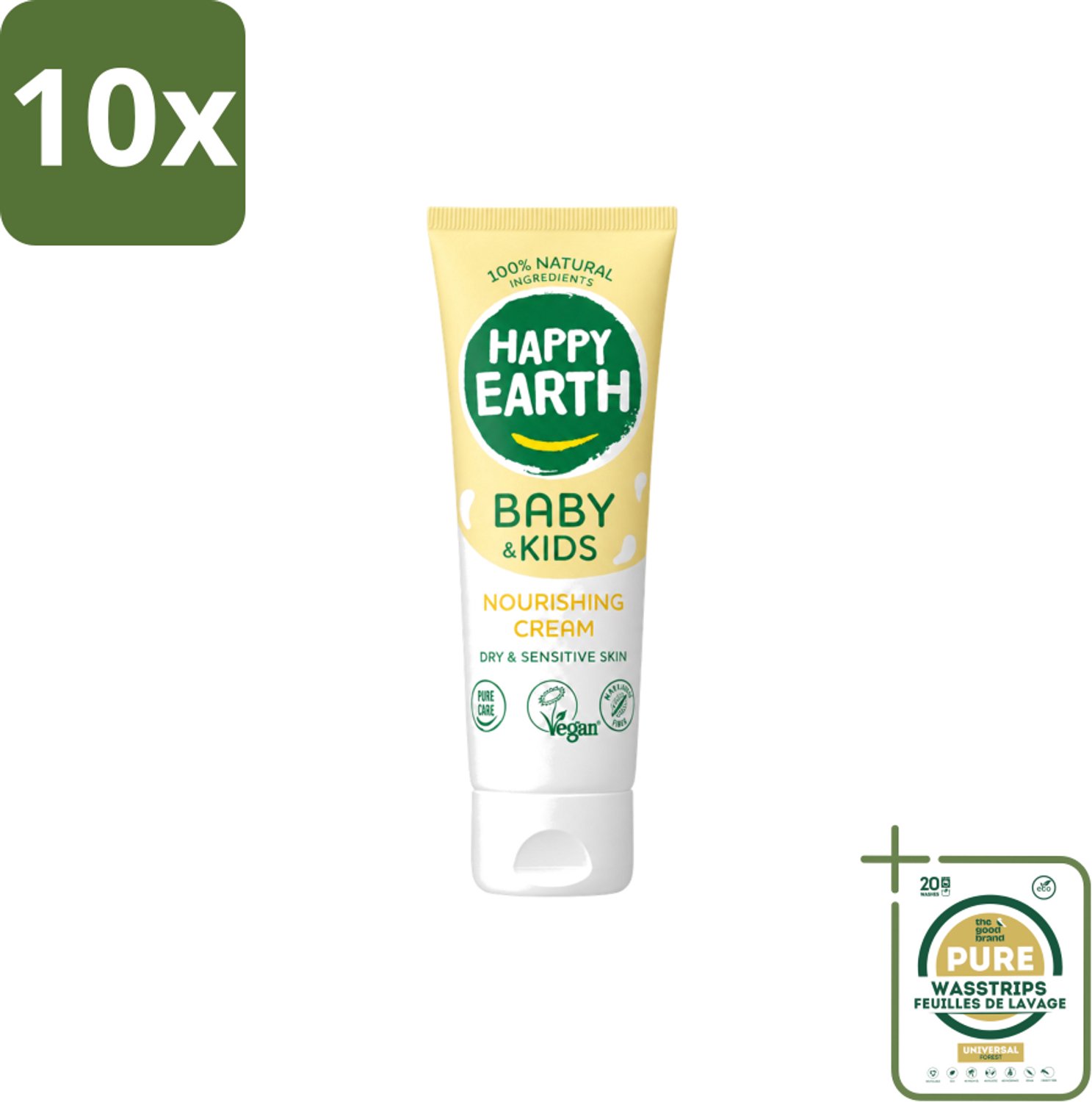 10 x Happy Earth – Nourishing Cream – 100% Natuurlijk Baby & Kids – 75 ml - Wasstrips - 100% Natuurlijke Crème - Babyhuid Verzorging - Gevoelige Huid Verzorging - Droge Huid Verzorging - Sheaboter Crème