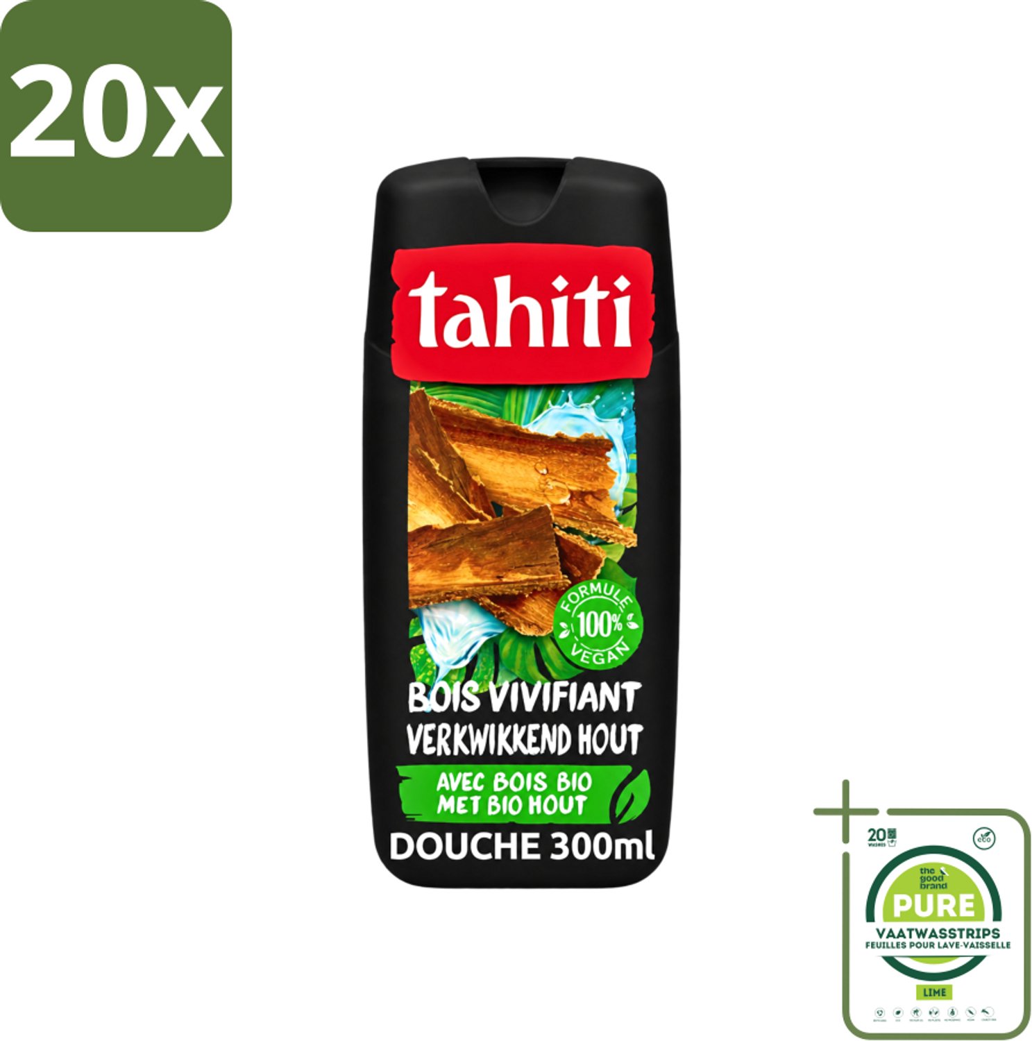 20 x Tahiti - Douchegel - Verkwikkend Bio Hout - 100% Vegan - 300 ml - Grootverpakking - Vaatwasstrips - Douchegel - Houtgeur - Verkwikkend - Huid Verzorgen - Huid Verzachten
