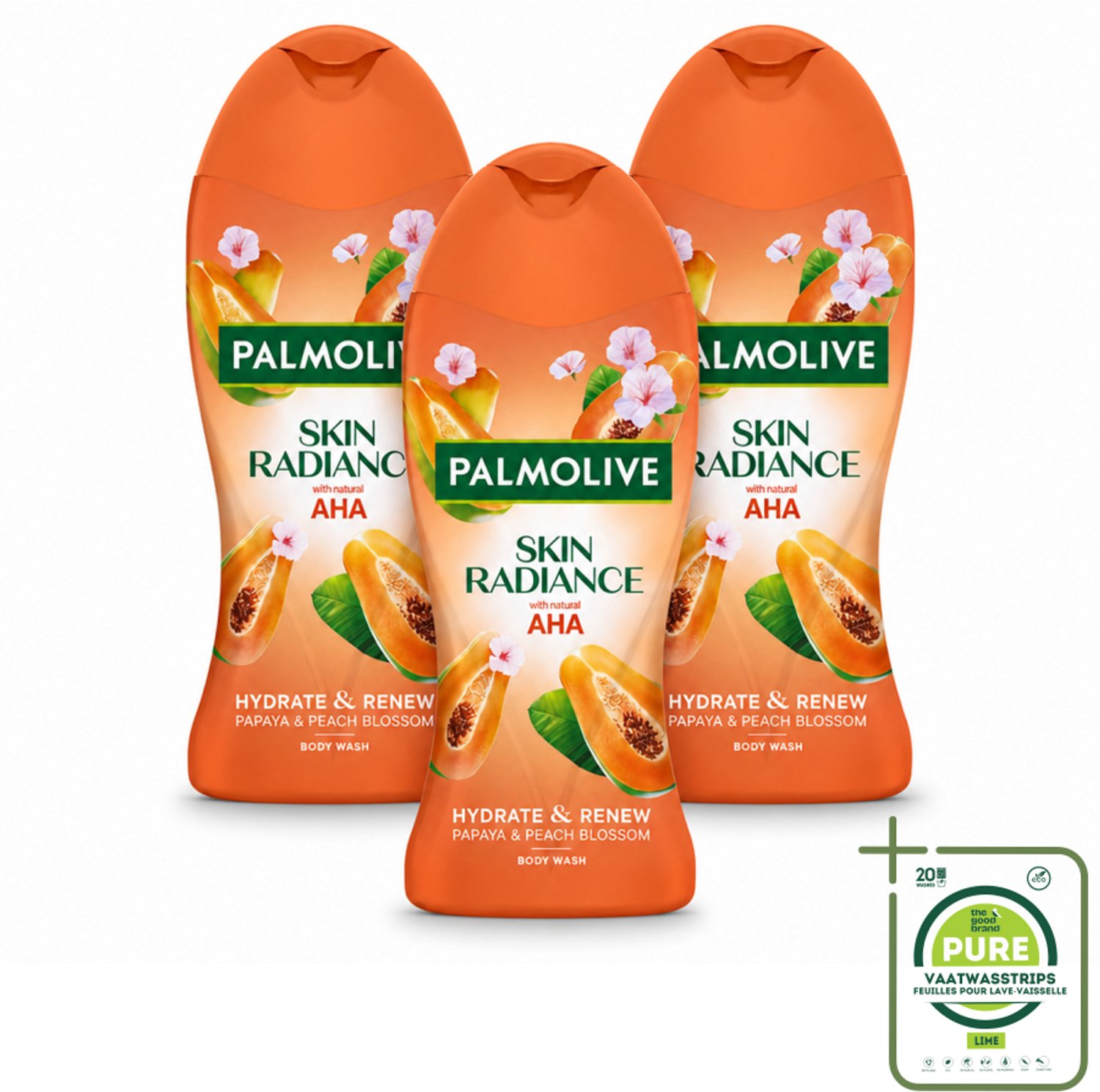 3 x Palmolive – Douchegel – Skin Radiance Papaya Peach – 250 ml - Grootverpakking - Vaatwasstrips - Douchegel - Exfoliatie - Huidverheldering - Papaja - Perzik