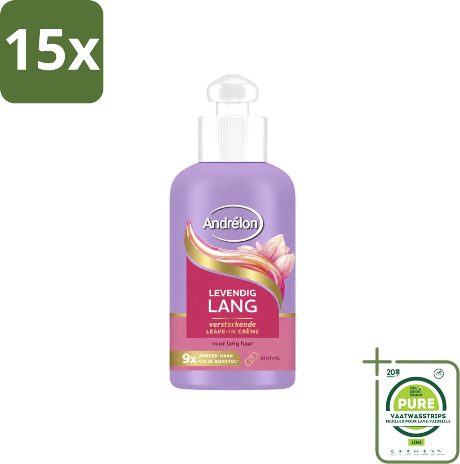15 x Andrélon – Leave-In Crème – Levendig Lang – 200 ml - Grootverpakking - Vaatwasstrips - Haarbescherming - Haarversterking - Haarbreuk - Biotine - Lang Haar