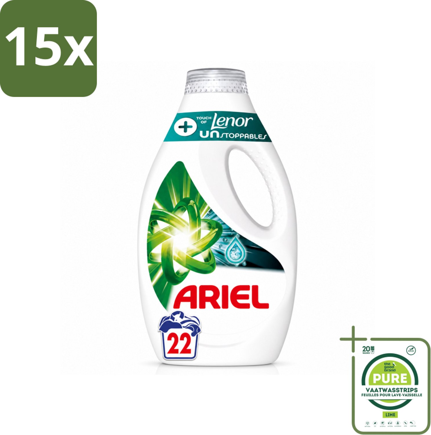 15 x Ariel – +Touch van Lenor Unstoppables – Vloeibaar Wasmiddel – 990 ml - Grootverpakking - Vaatwasstrips - Wasmiddel - Vlekverwijdering - Frisheid - Kleding Reinigen - Wasmiddel Voor Bonte Was