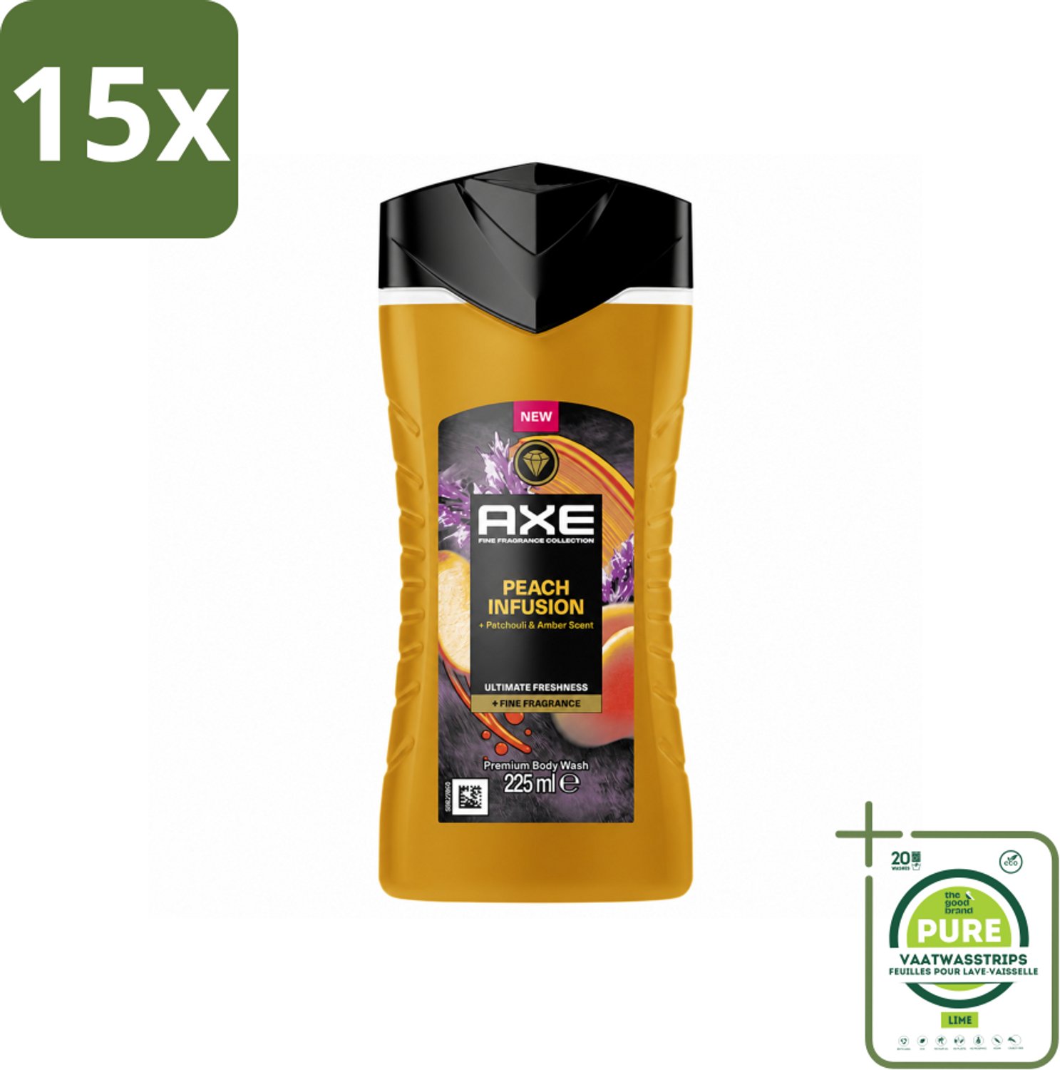 15 x Axe – Douchegel – Peach Infusion – 225 ml - Grootverpakking - Vaatwasstrips - Douchegel - Fris Ruiken - Parfum - Patchoeli - Amber