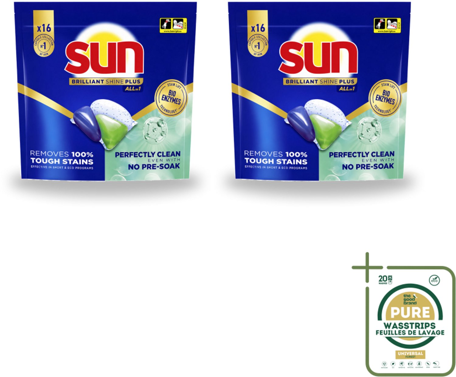 2 x Sun – Vaatwascapsules – Brilliant Shine+ All-in-1 – 16 capsules - Wasstrips - Vaatwasmiddel - Vaatwascapsules - Schone Vaat - Glans - Droge Vaat