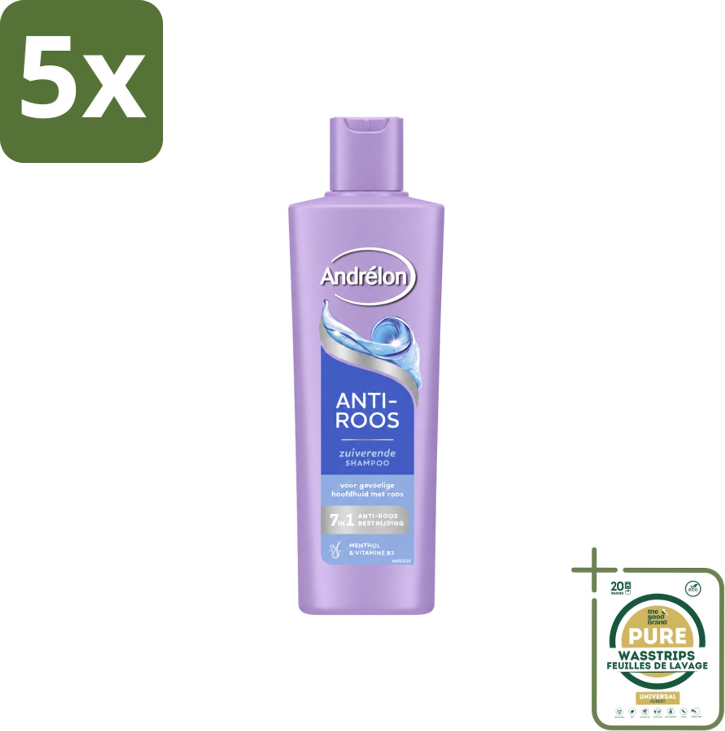 5 x Andrélon – Shampoo – Anti Roos – 250 ml - Wasstrips - Anti-roos Shampoo - Roos - Gevoelige Hoofdhuid - Menthol - Vitamine B3