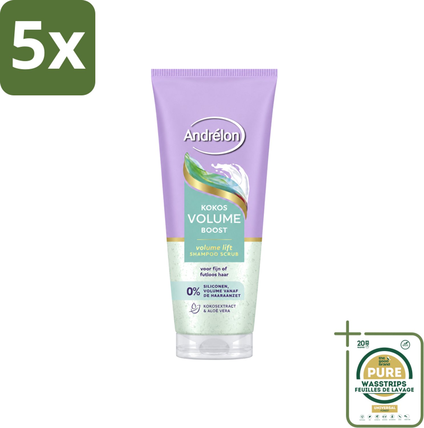 5 x Andrélon – Shampoo Scrub – Kokos Volume Boost – 200 ml - Wasstrips - Haarvolume - Kokos Shampoo - Haarverzorging - Exfoliatie - Fris Haar