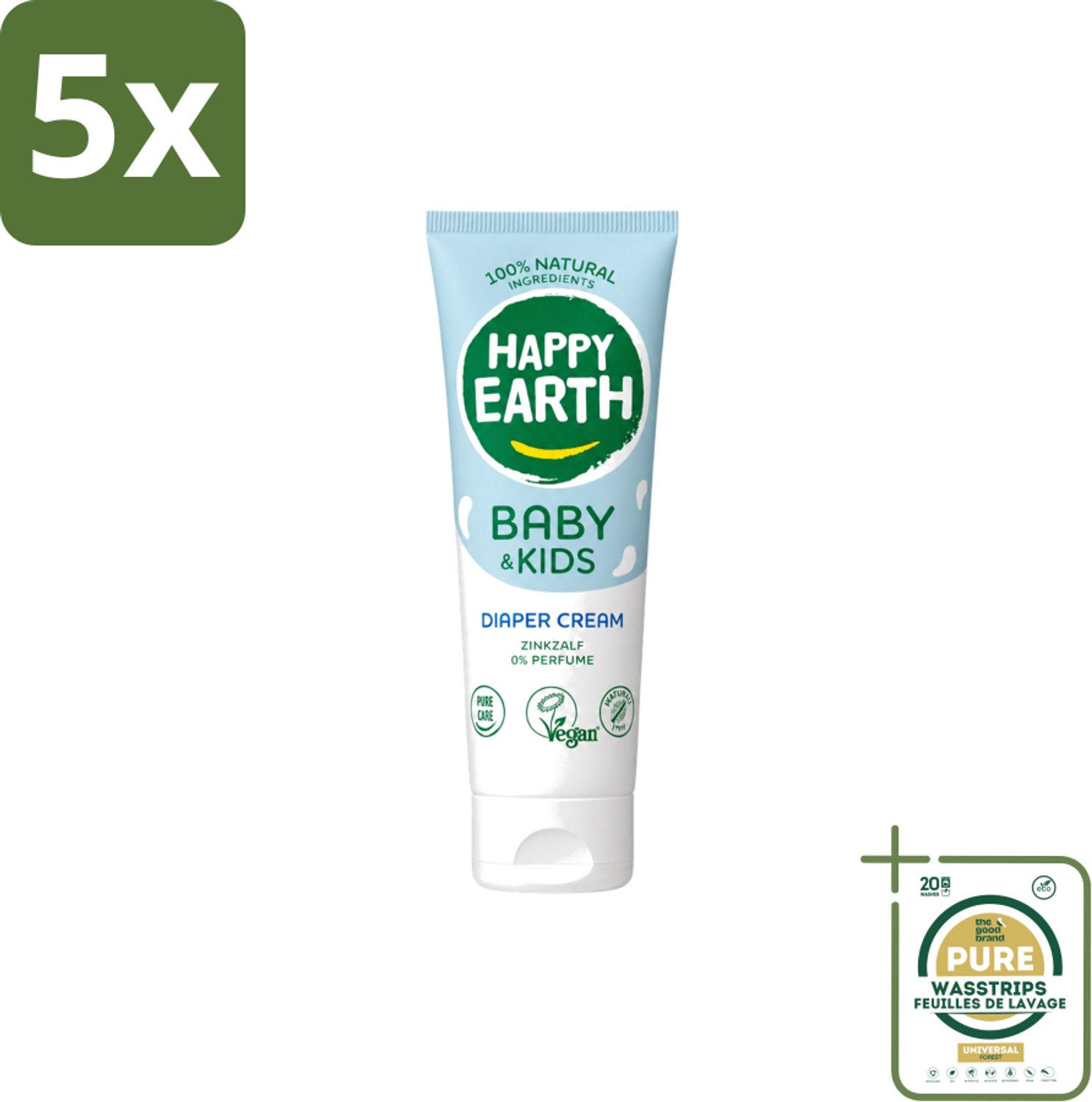 5 x Happy Earth – Diaper Cream – 100% Natuurlijk Baby & Kids – 75 ml - Wasstrips - Babybillen Crème - Luieruitslag Voorkomen - Gevoelige Huid - Zink Oxide Crème - Natuurlijke Crème
