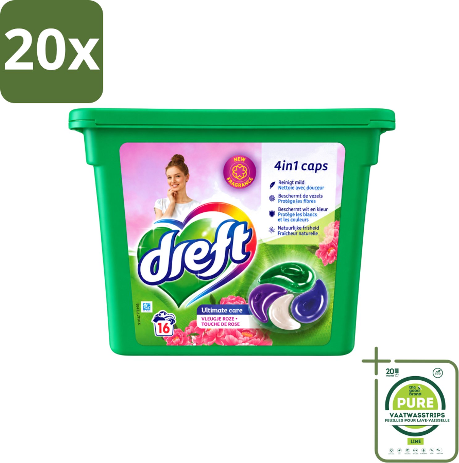 20 x Dreft - Wasmiddelcapsules 4in1 - Witte en Gekleurde Was - Vleugje Roze - 16 Wasbeurten - Grootverpakking - Vaatwasstrips - Wasmiddelcapsules - Was - Kleurenbeschermer - Vlekkenverwijdering - Frisse Geur