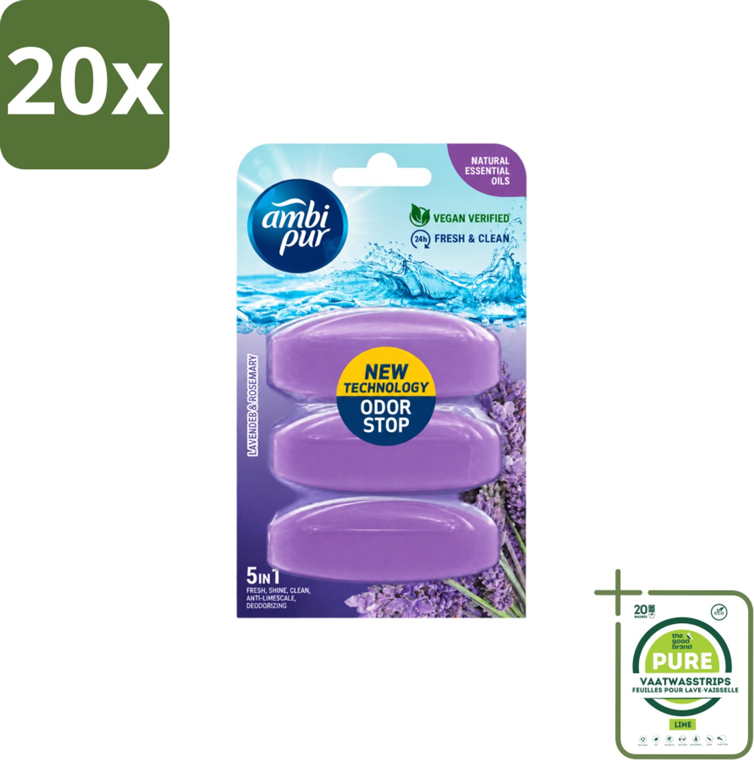 20 x Ambi Pur - Navulling Toiletblok - Lavendel & Rozemarijn - 3 Blokken - Grootverpakking - Vaatwasstrips - Toiletblok Navulling - Reinigingsvulling - Frisse Toiletomgeving - Lavendel En Rozemarijn - Hygiëne