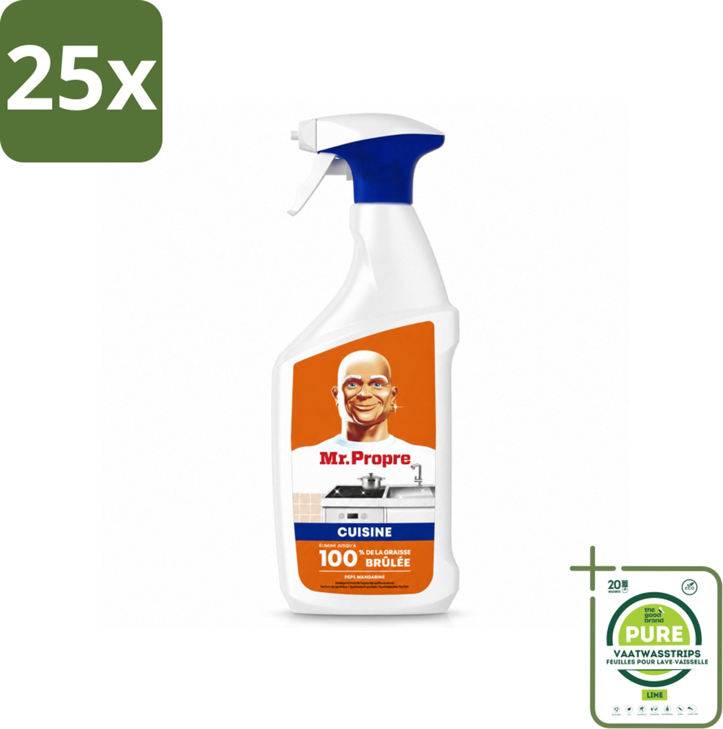 25 x Mr. Propre – Keukenontvetter Spray – Mandarijn Boost – 800 ml - Grootverpakking - Vaatwasstrips - Keukenontvetter - Vetvrij - Reinigings Spray - Mandarijn Geur - Schrobbloos Reinigen