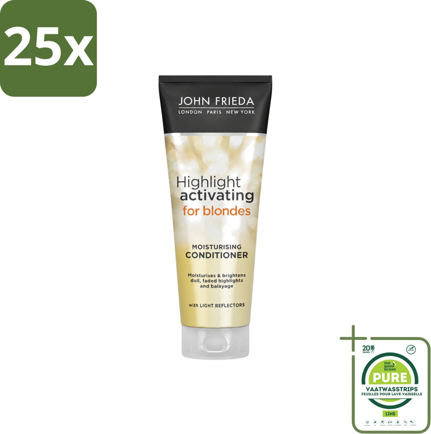 25 x John Frieda – Conditioner – Sheer Blonde – Verhelderend – 250 ml - Grootverpakking - Vaatwasstrips - Blond Haar Verhelderen - Blonde Haar Verzorgen - Haar Glans Herstellen - Haar Verzachten - Haar Hydrateren
