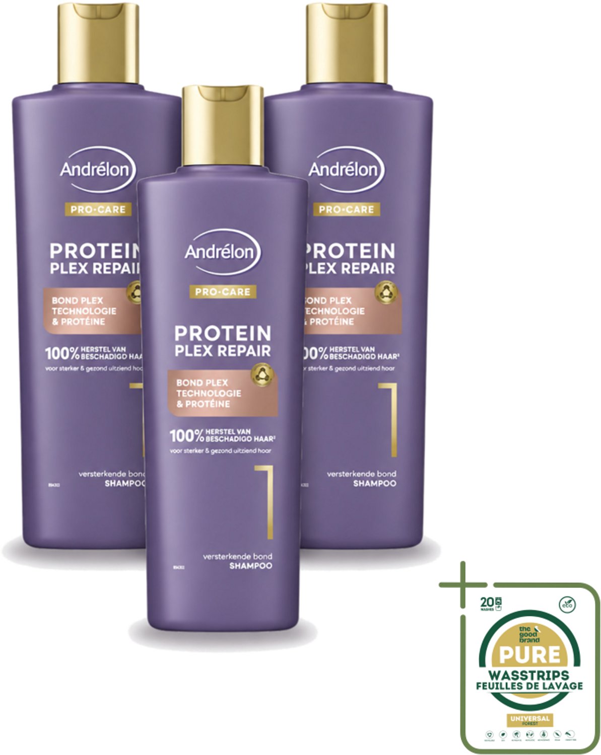 3 x Andrélon – Shampoo – Pro Care Protein Plex Repair – 250 ml - Wasstrips - Haarverzorging - Beschadigd Haar - Haar Herstellen - Proteïne Shampoo - Haarstructuur