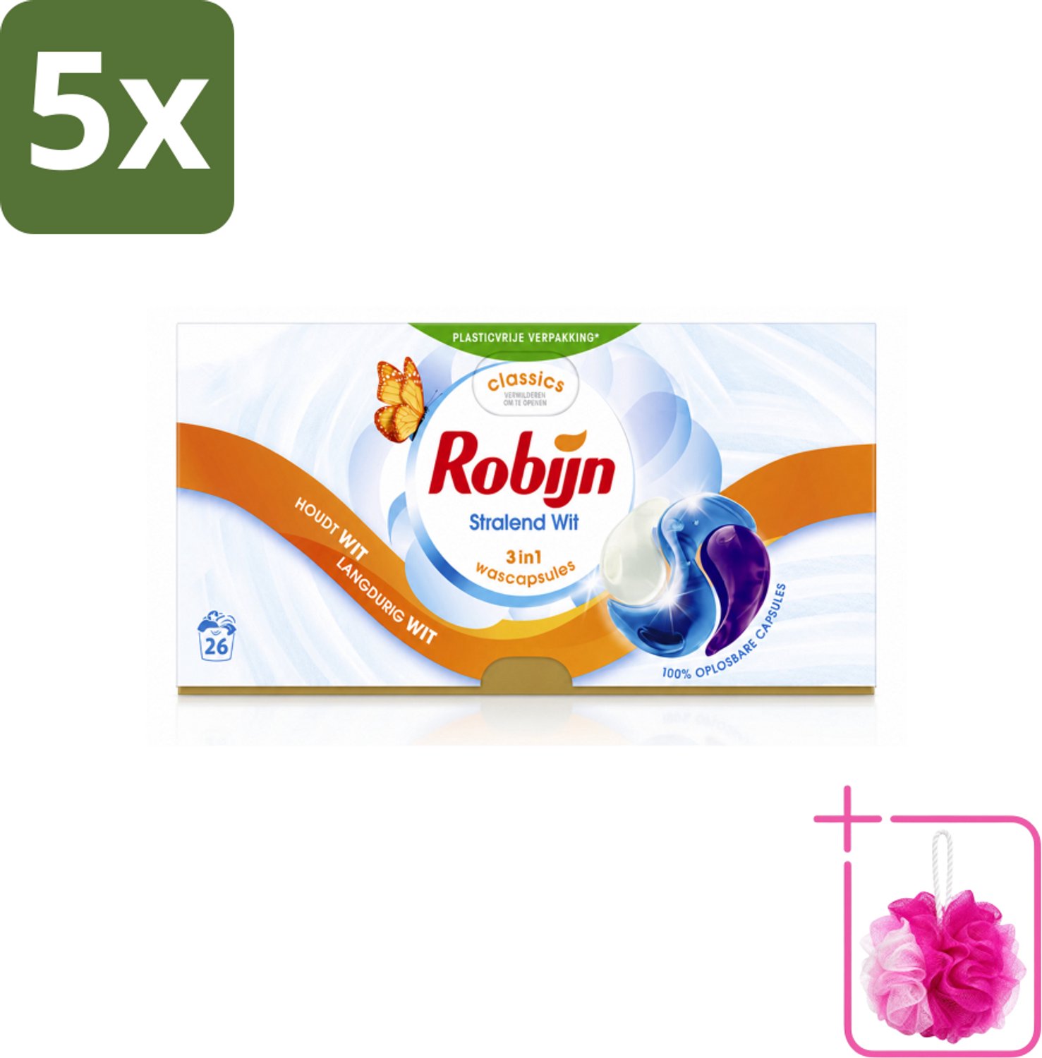 5 x Robijn – 3-in-1 Wascapsules – Stralend Wit - 26 Capsules - Bulkverpakking - Wascapsules - Douchemop - Witte was