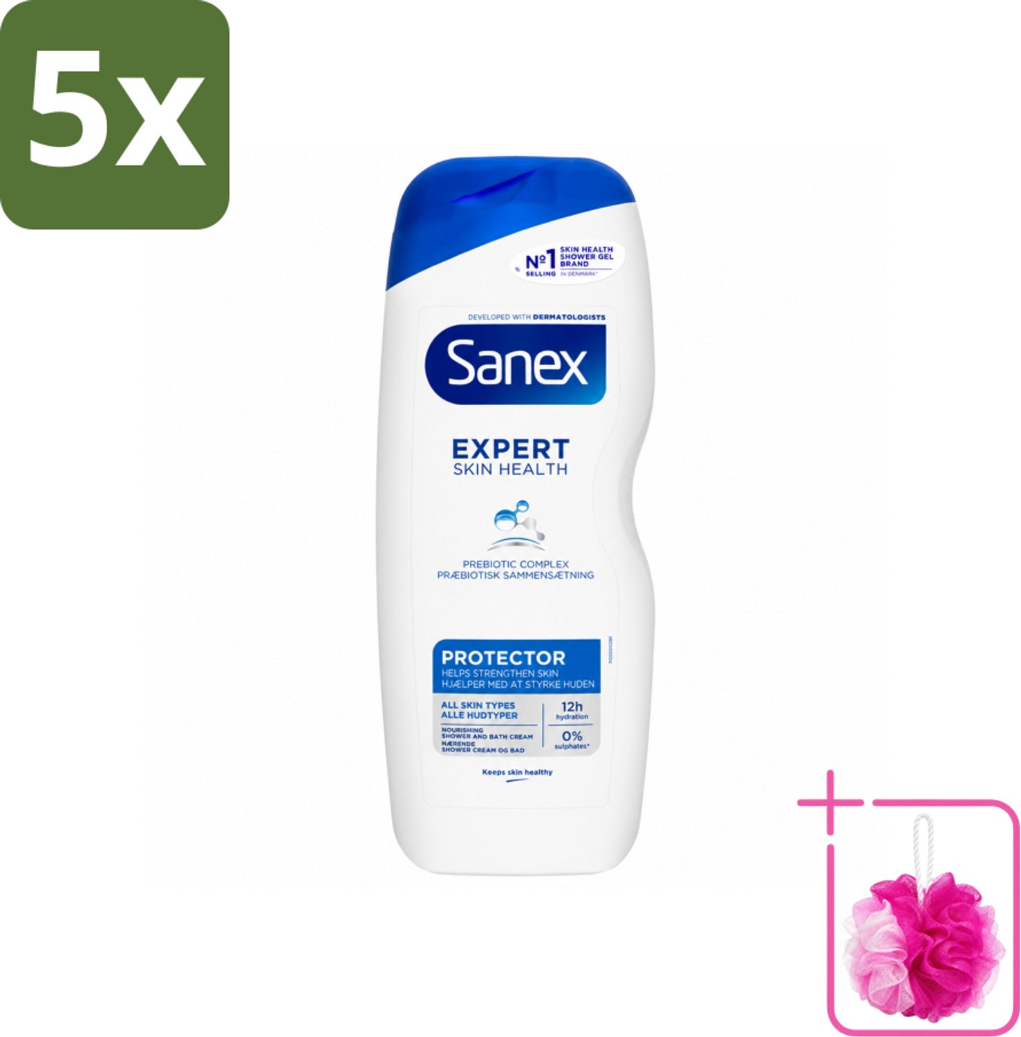 5 x Sanex – Douchegel – Expert Skin Health Protector – 600 ml - Bulkverpakking - Huidversterkend - Douchemop - Huidbarrière