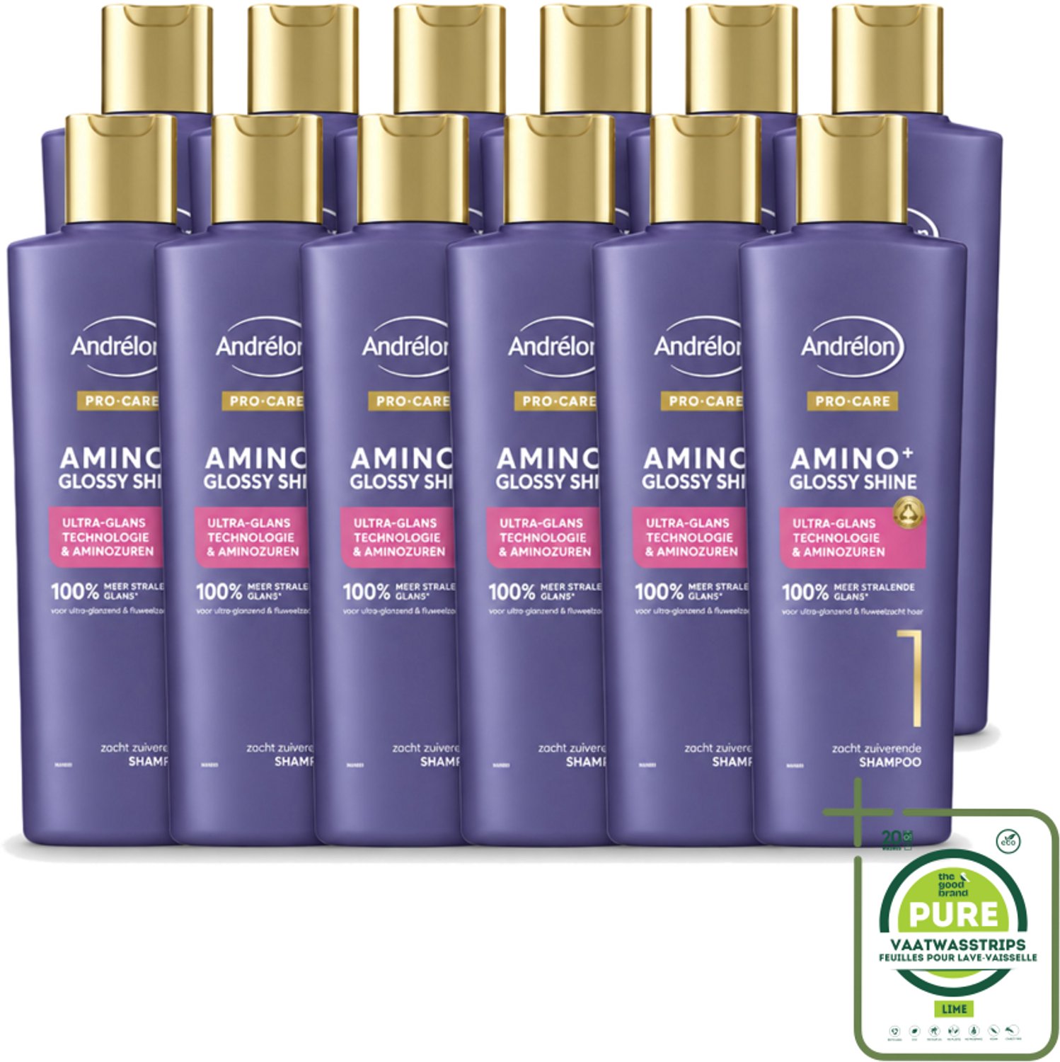 12 x Andrélon – Shampoo – Pro Care Amino+ Glossy Shine – 250 ml - Grootverpakking - Vaatwasstrips - Glans Haar - Zachtheid Haar - Stralend Haar - Gezond Haar - Stug Haar