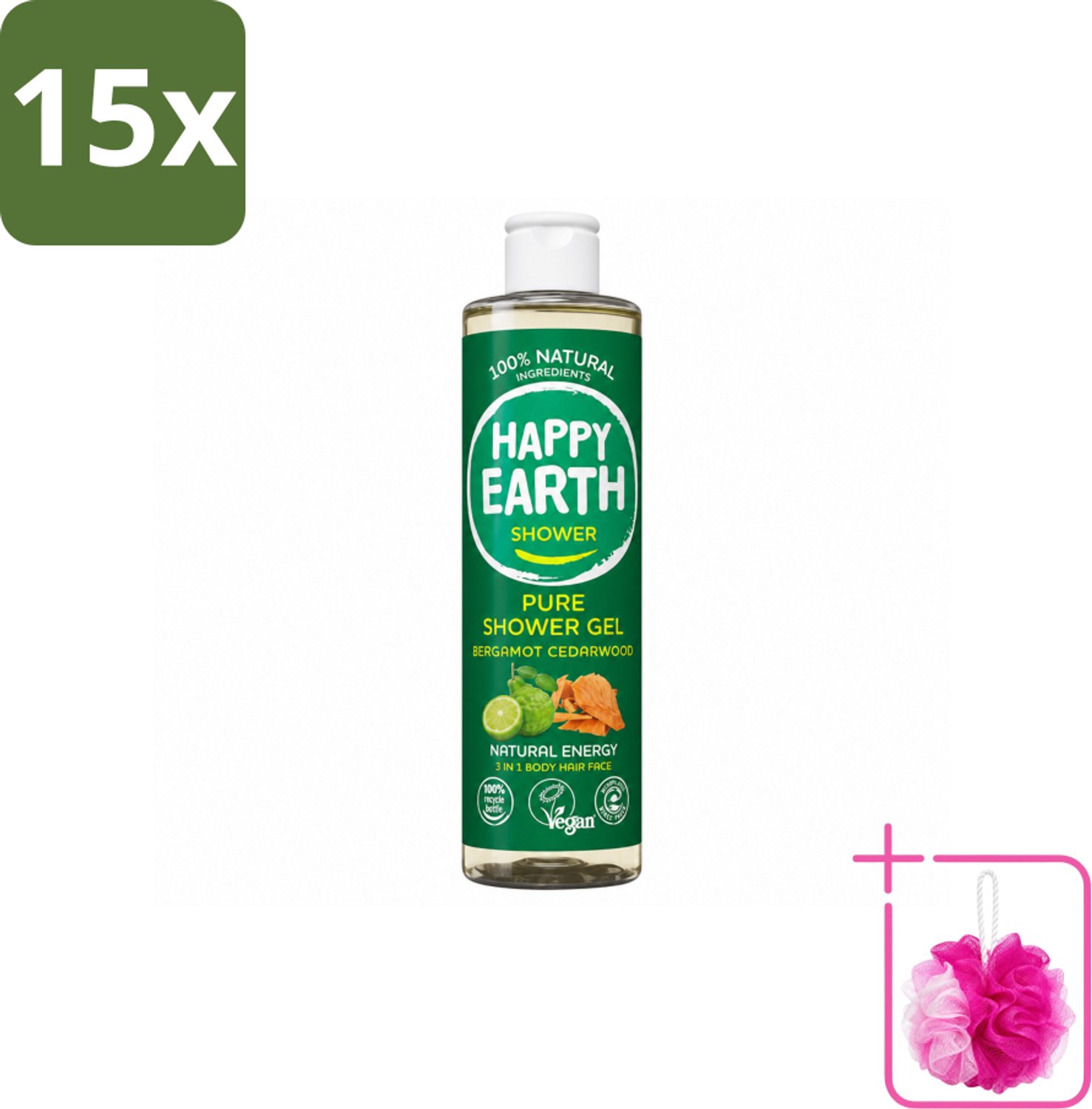 15 x Happy Earth – Douchegel – 100% Natuurlijk Bergamot Cedarwood – 300 ml - Bulkverpakking - Douchegel bergamot cederhout - Douchemop - Natuurlijke douchegel