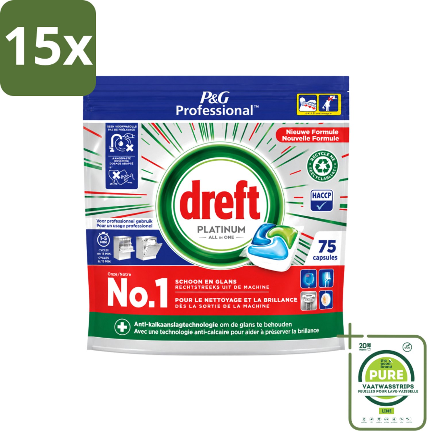 15 x Dreft Professional - Platinum - All In One - Vaatwascapsules - 75 Afwasbeurten - Grootverpakking - Vaatwasstrips - Vaatwassen - Vaatwasser Reinigen - Vaatwassen Capsules - Vaatwassen Kracht - Vaatwassen Glans