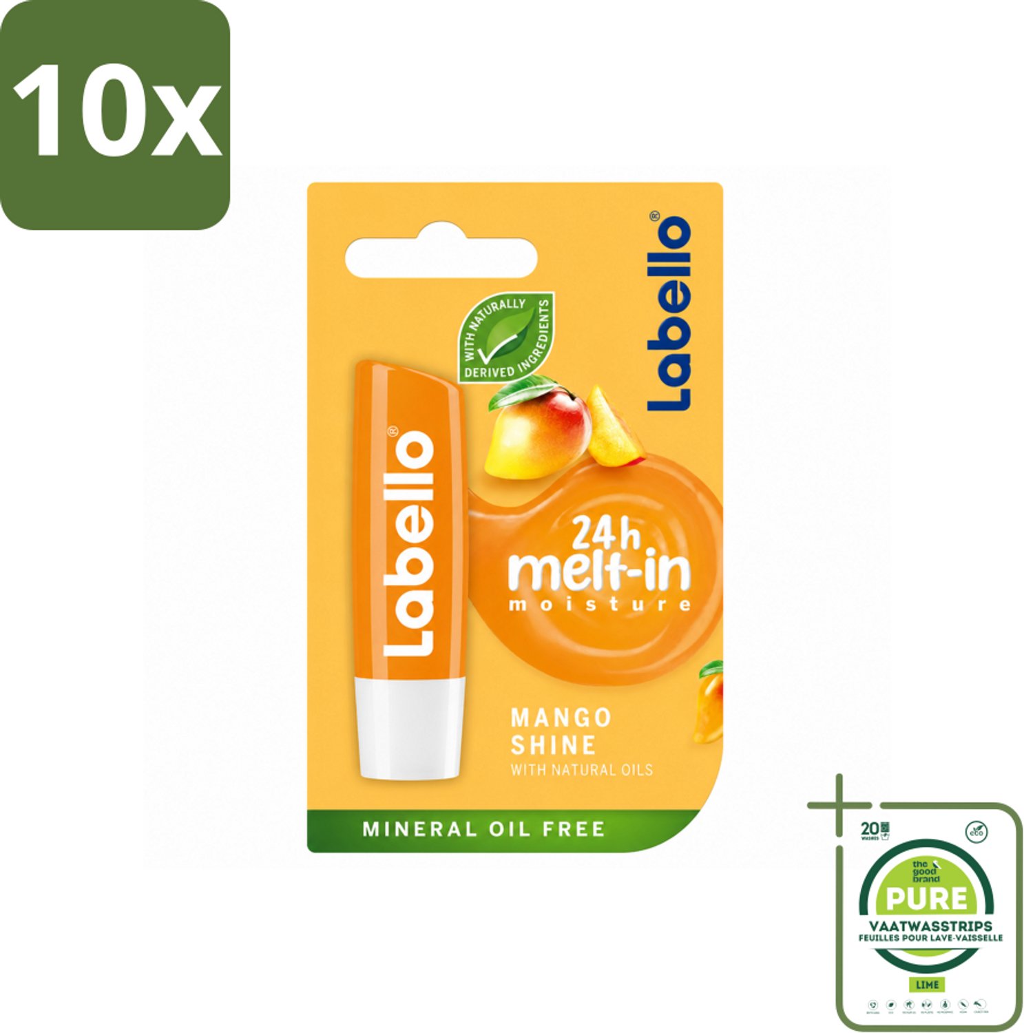 10 x Labello – Lippenbalsem -- Mango Shine – 4,8 g - Grootverpakking - Vaatwasstrips - Lippenbalsem - Mango Geur - Hydratatie - Natuurlijke Glans - Verzorging