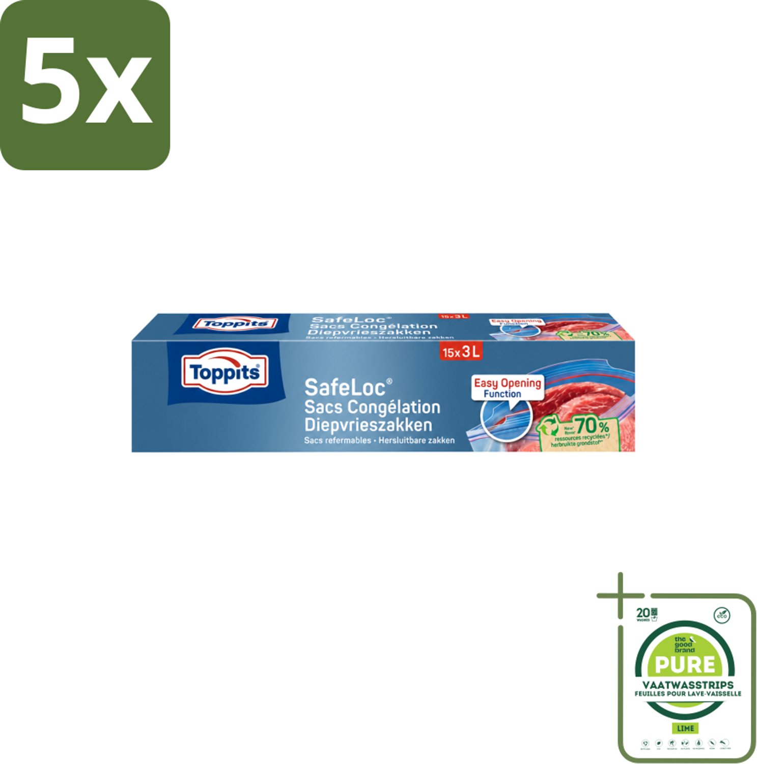 5 x Toppits – Safeloc Zip-Diepvrieszakken – 3 Liter – 15 Zakjes - Grootverpakking - Vaatwasstrips - Diepvrieszakken - Dubbele Sluiting - Voedselbescherming - Invriezen - Opwarmen