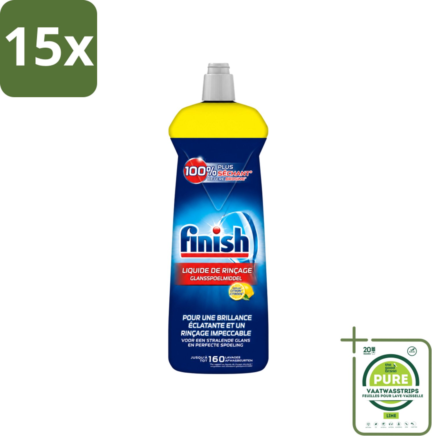 15 x Finish - Glansspoelmiddel - Citroen - Stralende glans - Tot 160 Afwasbeurten - 800 ml - Grootverpakking - Vaatwasstrips - Glansspoelmiddel - Glans - Citroen - Vaatwas - Vaat Drogen