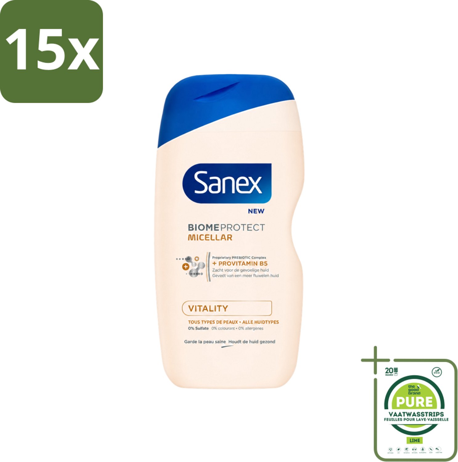 15 x Sanex - BiomeProtect Micellair - Douchegel - Vitaliteit - 0% Sulfaat - Alle Huidtypes - 400 ml - Grootverpakking - Vaatwasstrips - Huid Reinigen - Micellaire Douchegel - 0% Sulfaten - Huidbarrière - Huid Vitaliteit