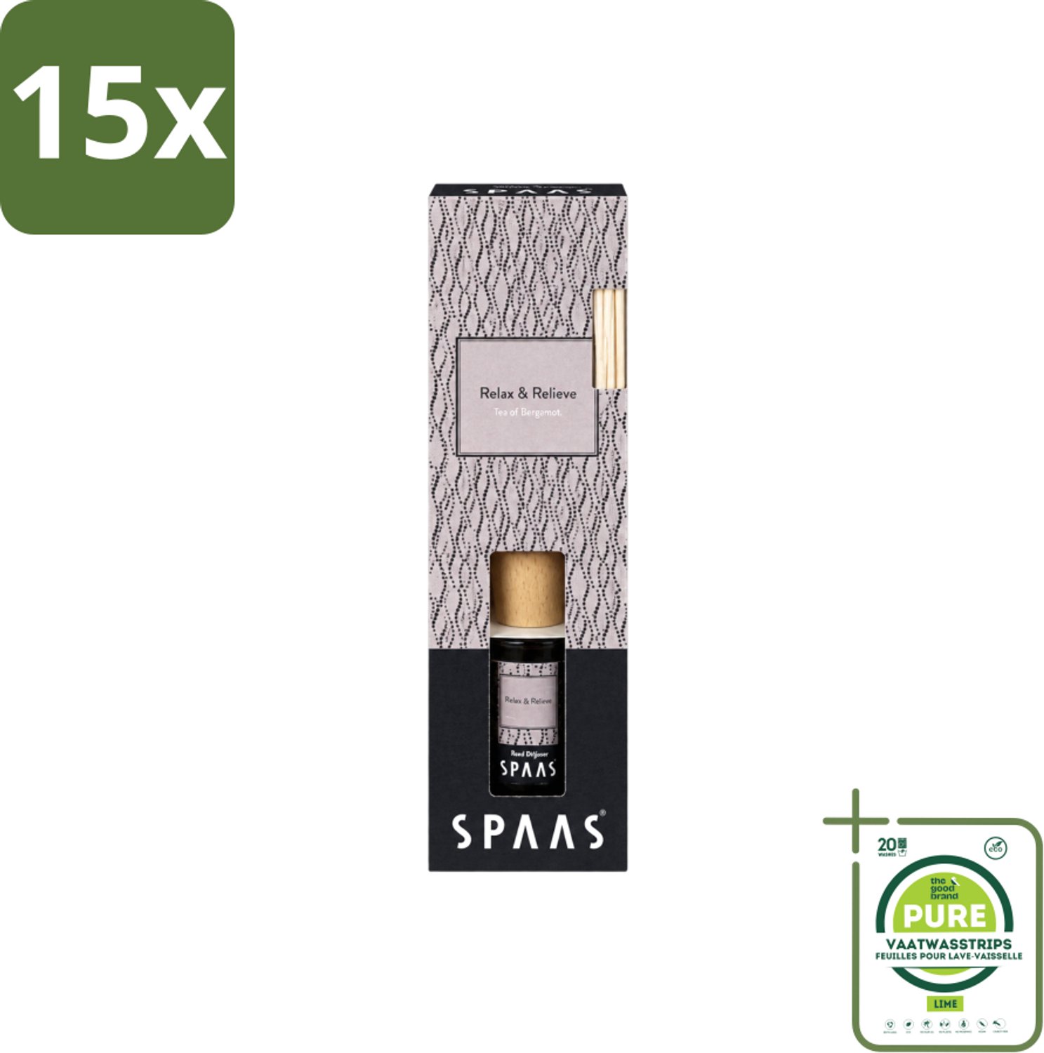 15 x Spaas - Geurstokjes - Relax & Relieve - Bergamotthee - 80 ml - Grootverpakking - Vaatwasstrips - Geurstokjes - Bergamotthee - Geurverspreider - Rustgevende Geur - Geurkaars