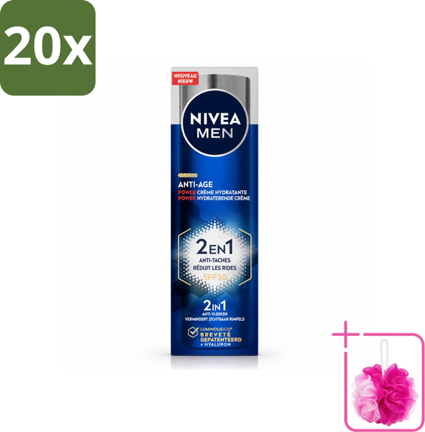 20 x NIVEA MEN - Anti-Age 2in1 Power - Hydraterende Crème Gezicht SPF 30 - 50 ml - Bulkverpakking - Anti-ouderdom - Douchemop - Hydratatie