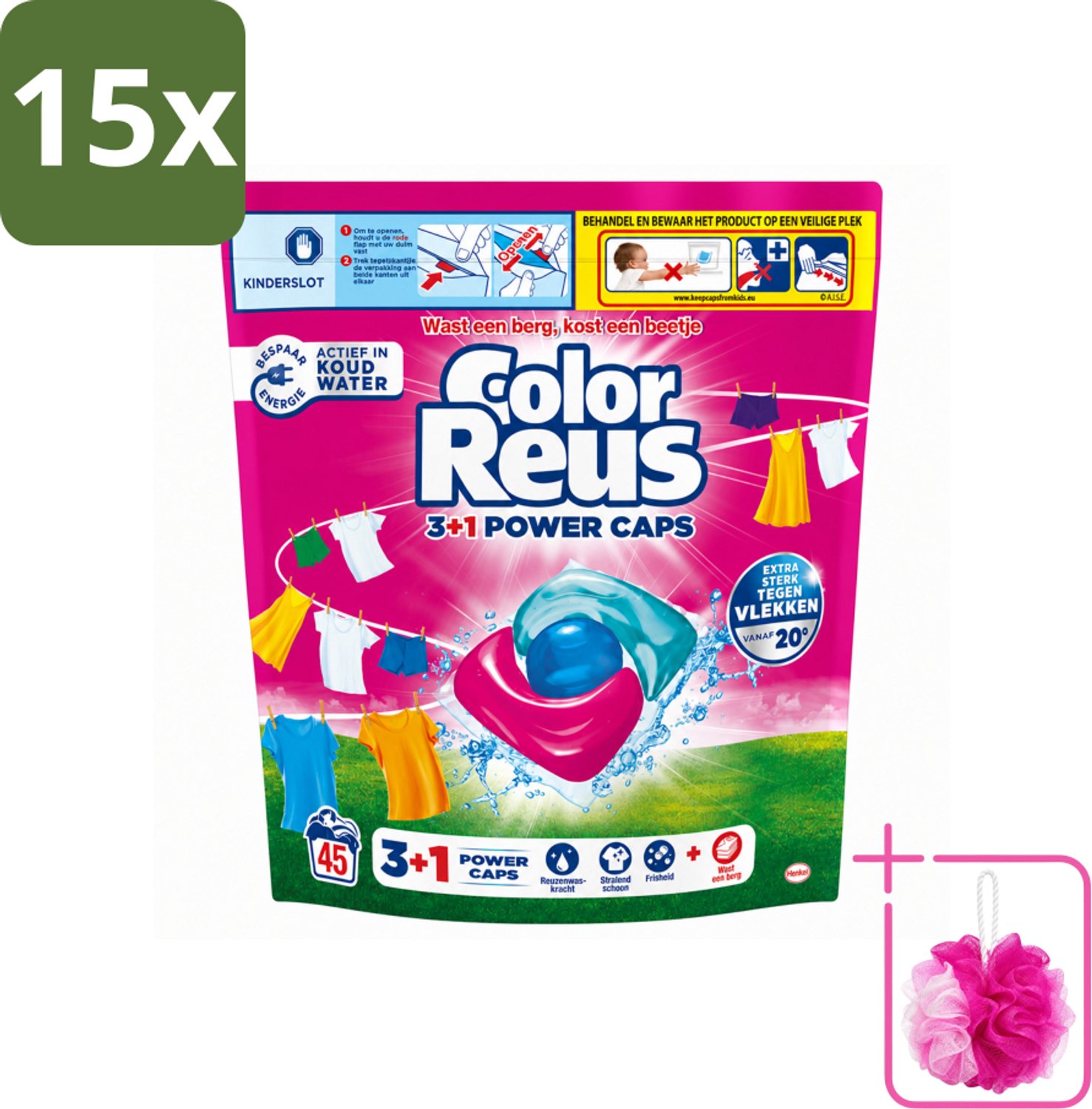 15 x Color Reus - 3+1 Power Caps - Gekleurde Was - 45 Wasbeurten - Bulkverpakking - Was capsules - Douchemop - Gekleurde was