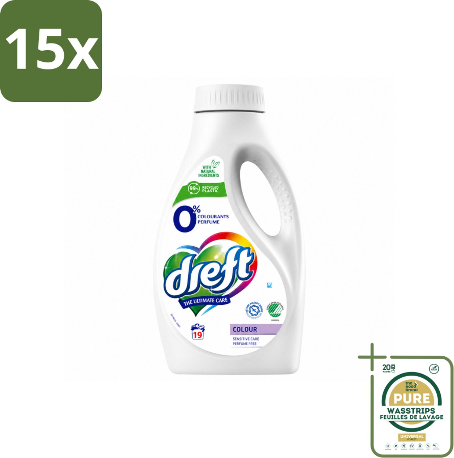 15 x Dreft - Vloeibaar Wasmiddel - 0% Gekleurde Was - Hypoallergeen - 19 Wasbeurten - Wasstrips - 0% Gekleurde Was - Hypoallergenisch Wasmiddel - Gevoelige Huid - Natuurlijk Wasmiddel - Parfumvrij Wasmiddel