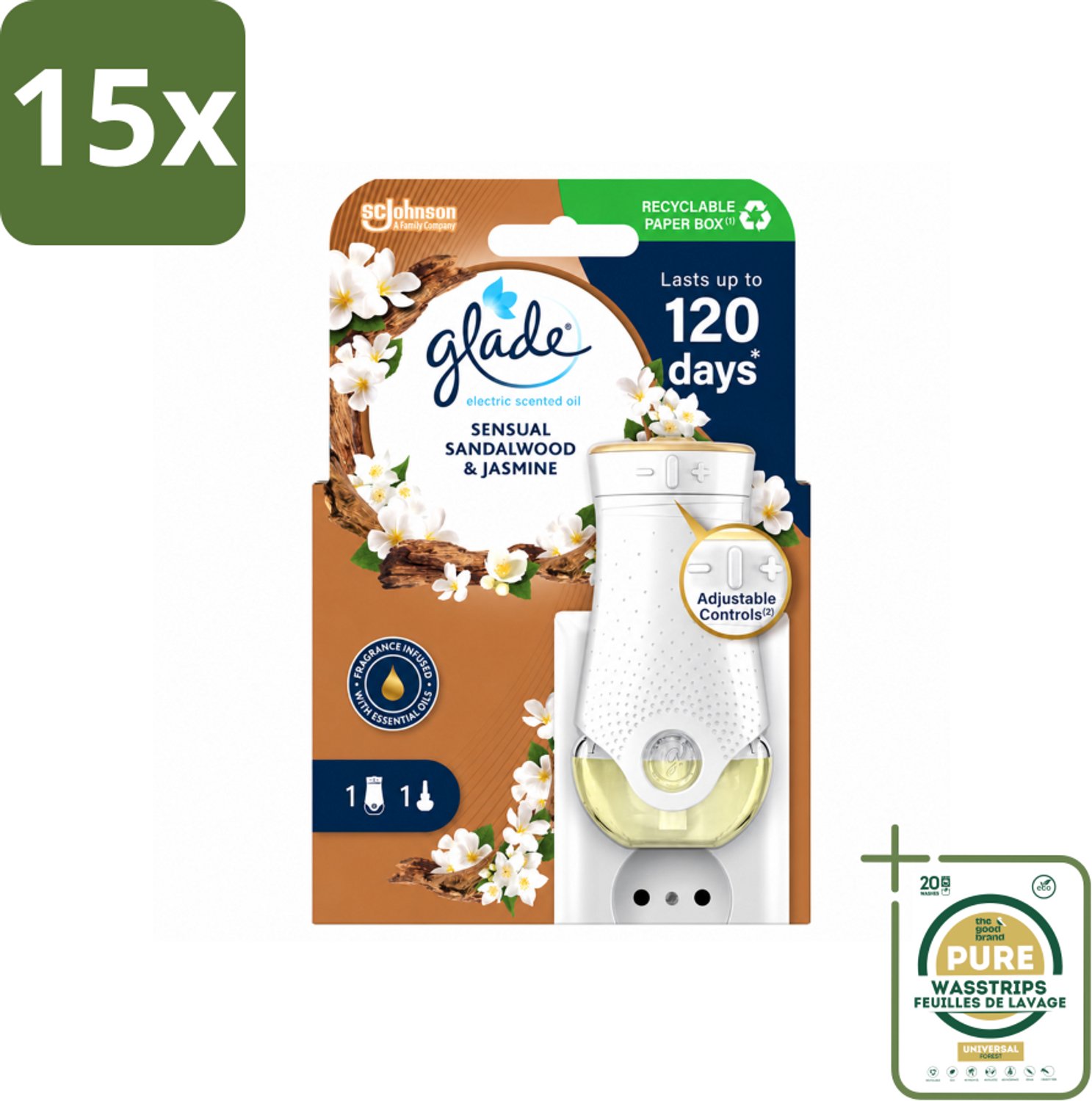 15 x Glade - Houder Elektrische Olie - Sensual Sandelhout Jasmijn - Wasstrips - Geurhouders - Luchtverfrisser - Elektrische Geurhouder - Geur In Huis - Geur In Woonkamer