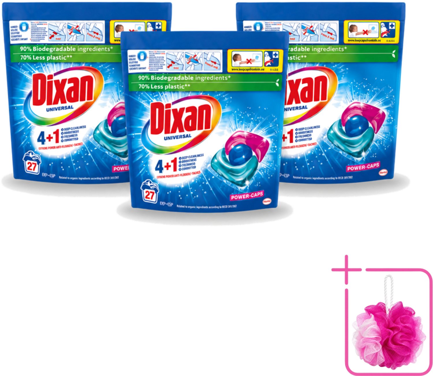 3 x Dixan - Wasmiddelcapsules - Universeel - 27 wasbeurten - Bulkverpakking - Wasmiddel - Douchemop - Wascapsules