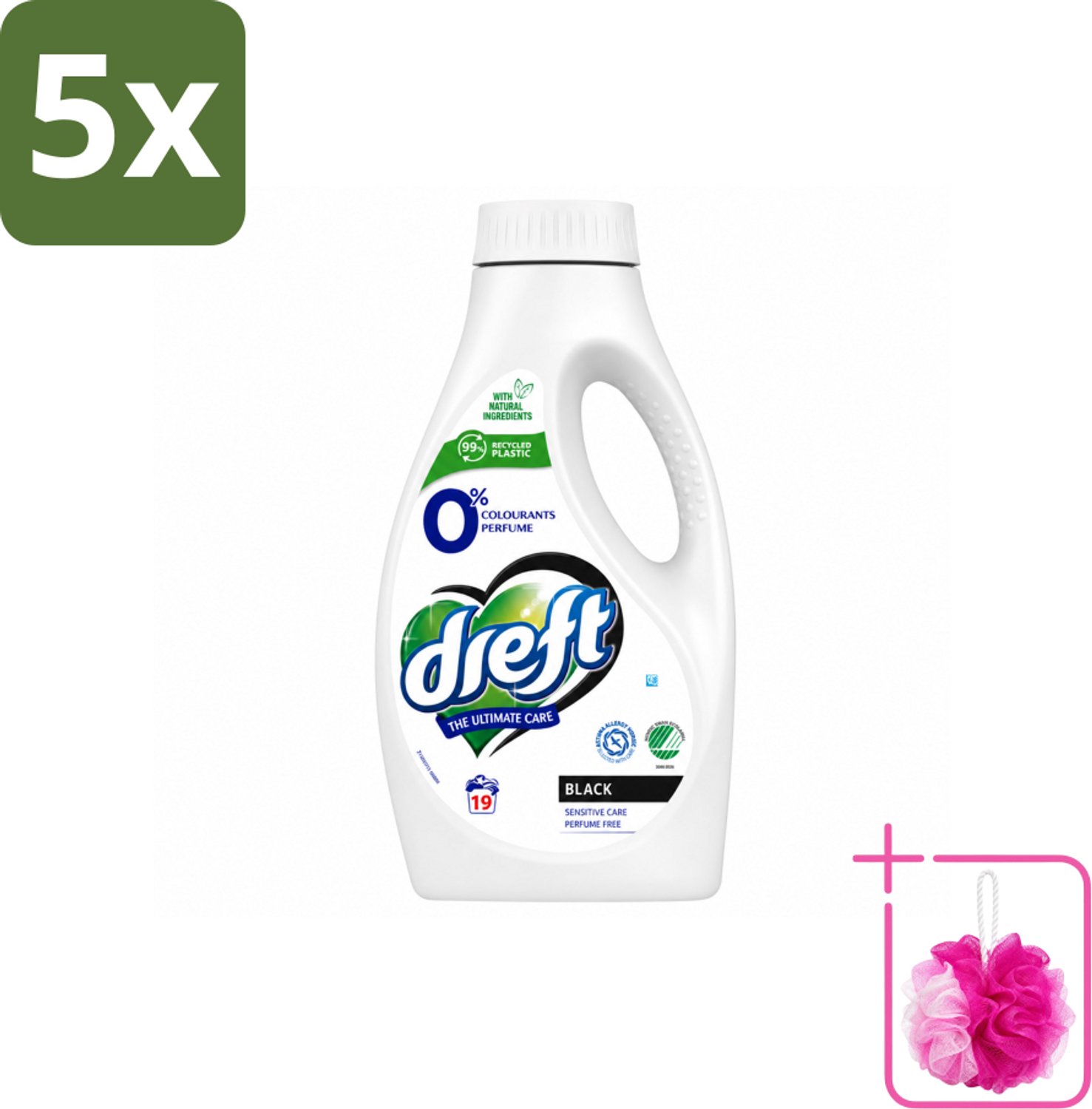 5 x Dreft - Vloeibaar Wasmiddel - 0% Donkere Was - Kleurbescherming - 19 Wasbeurten - Bulkverpakking - Donkere was - Douchemop - Huidgevoelig