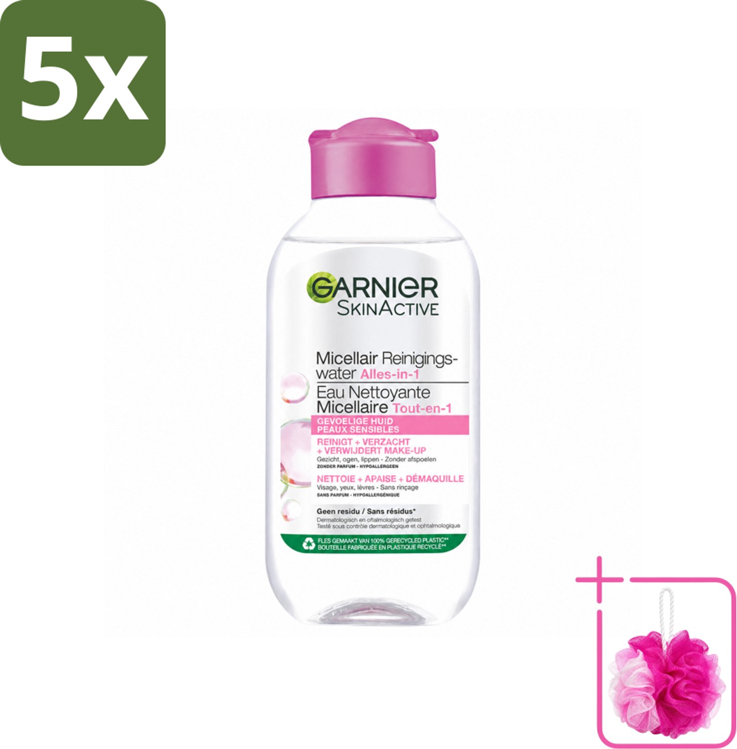 5 x Garnier - SkinActive - Micellair Reinigingswater - Gevoelige Huid - Reisformaat - 100 ml - Bulkverpakking - Micellair reinigingswater - Douchemop - Gevoelige huid