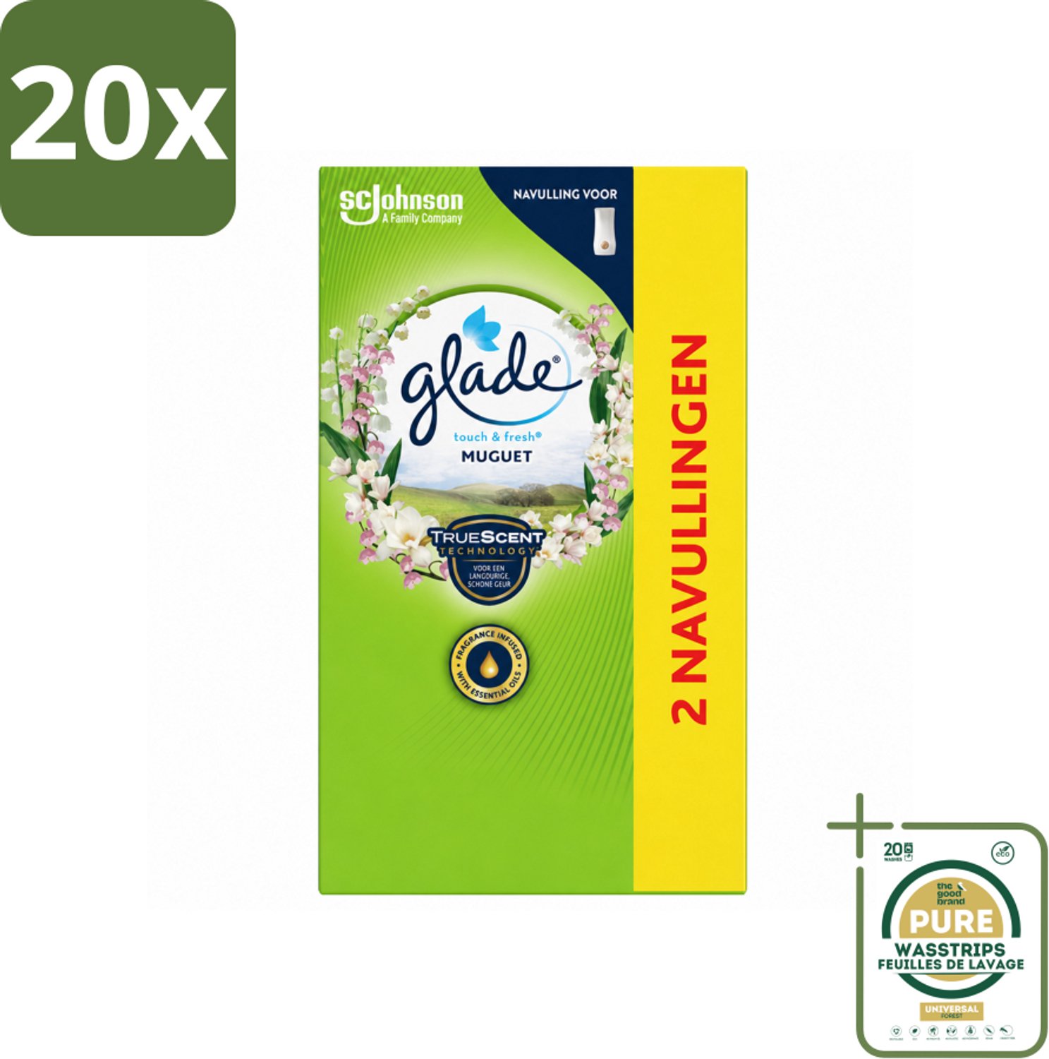 20 x Glade - Touch & Fresh Navulling - Lelietje-van-dalen - 2 × 10 ml - Wasstrips - Luchtverfrisser - Geur - Fris - Bloemige Geur - Muguet