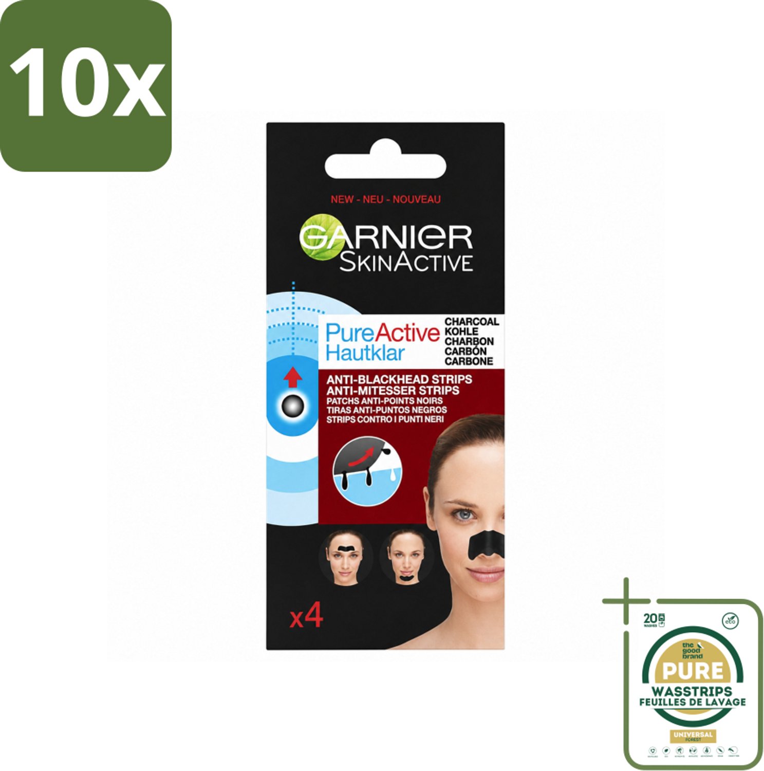 10 x Garnier - Pure Active - Anti-Mee-Eters Strips - Charcoal - Neus, Voorhoofd & Kin - 4 Strips - Wasstrips - Huid Reinigen - Mee-eters Verwijderen - T-zone Reinigen - Houtskool Strips - Acne Behandeling