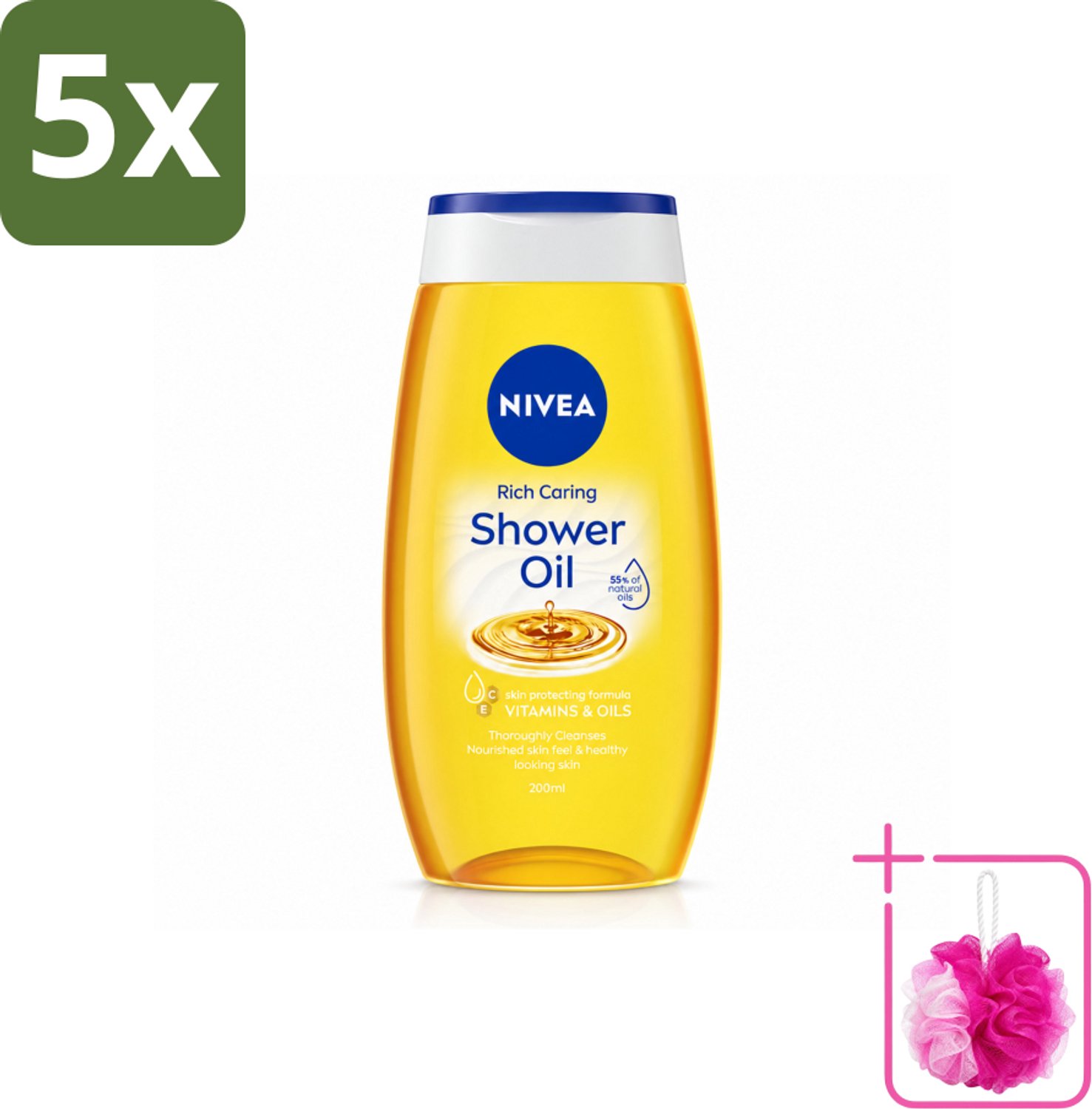 5 x NIVEA - Doucheolie - Natuurlijke Doucheolie - 200 ml - Bulkverpakking - Doucheolie - Douchemop - Natuurlijke oliën